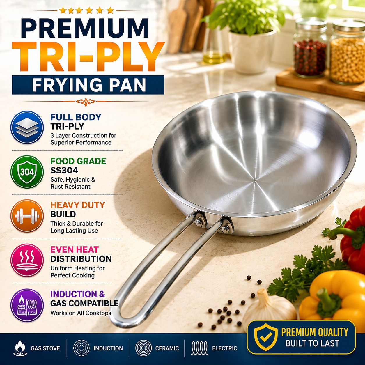 Stainless Steel Tri-Ply Frying Pan | Induction & Gas Compatible | Heavy Gauge Curry Pan 24 cm diameter 1.5 L capacity-image-15