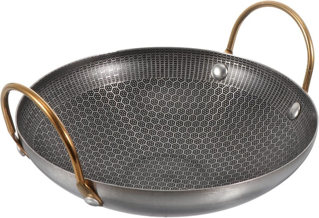 Stainless Steel Hammered Kadai Brass Color Handles Metal Spatula Safe Honeycomb NA Pan 1 cm diameter 1.5 L capacity