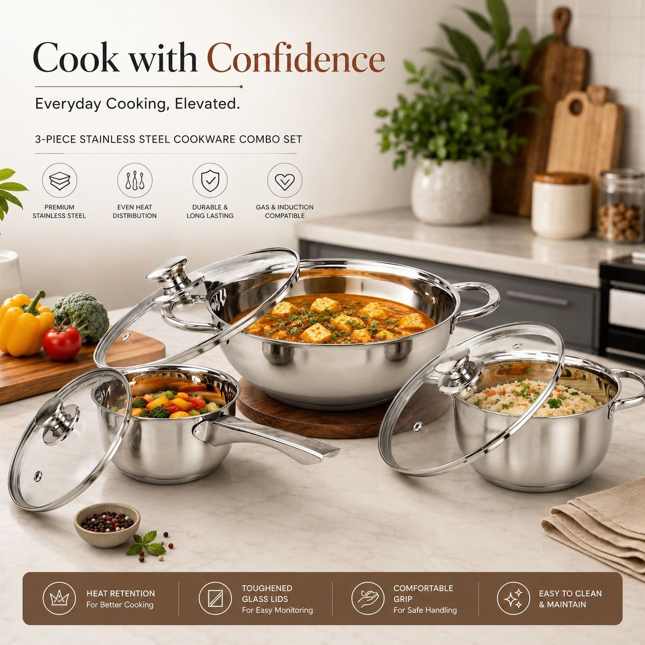 Stainless Steel Toughened Lid Combo Flat Pan 18 cm diameter with Lid 2 L, 2 L, 2 L capacity-image-13