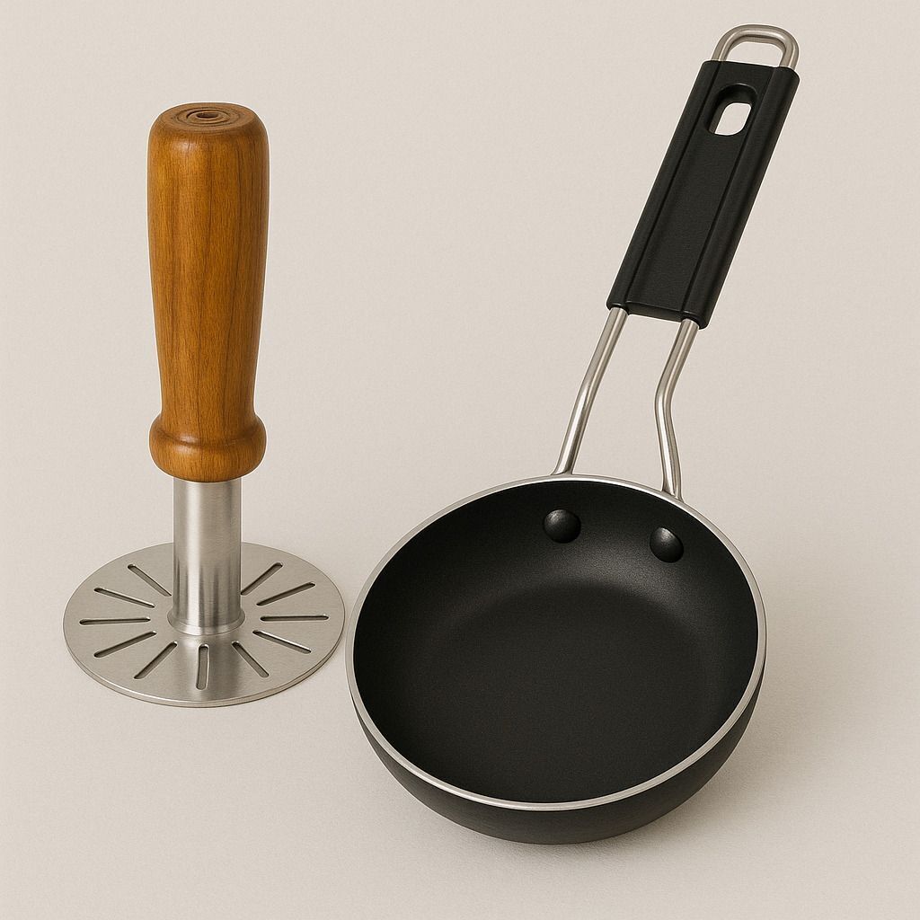 Iron Tadka Pan and Stainless steel Masher Tadka Pan 12 cm diameter 0.3 L capacity