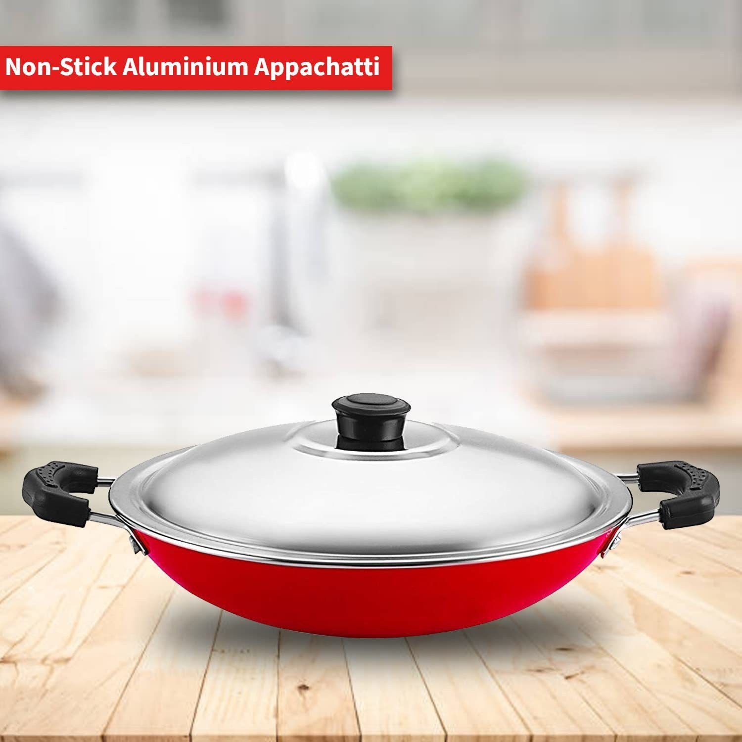 Non-Stick Aluminium Appachatti Appachetty with Stainless Steel lid, Appachatty with Lid 1 L capacity 23 cm diameter-image-35
