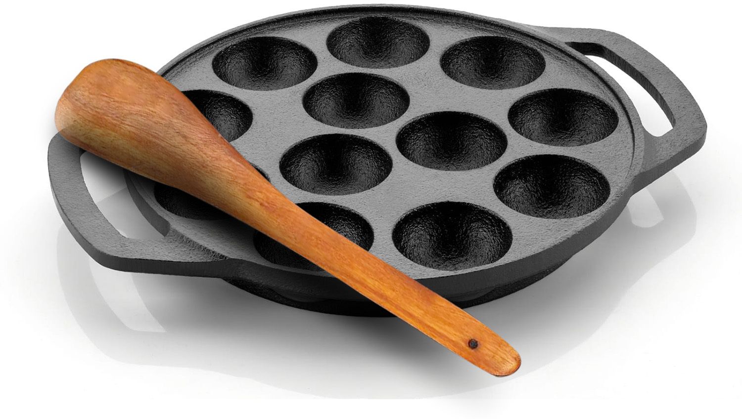 Pre-Seasoned Paniyaram Pan With Wooden Spatula, 12 Pits Naturally Non Stick Paniarakkal 1 L capacity 21 cm diameter-image-24