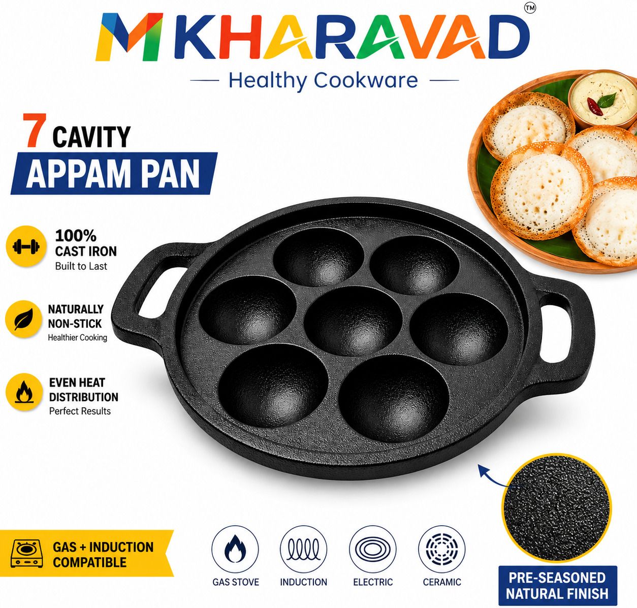 Cast Iron Appam Pan 7 Cavity | Paniyaram Maker | Gas & Induction Compatible Chetty Pan 26 cm diameter 3 L capacity-image-7