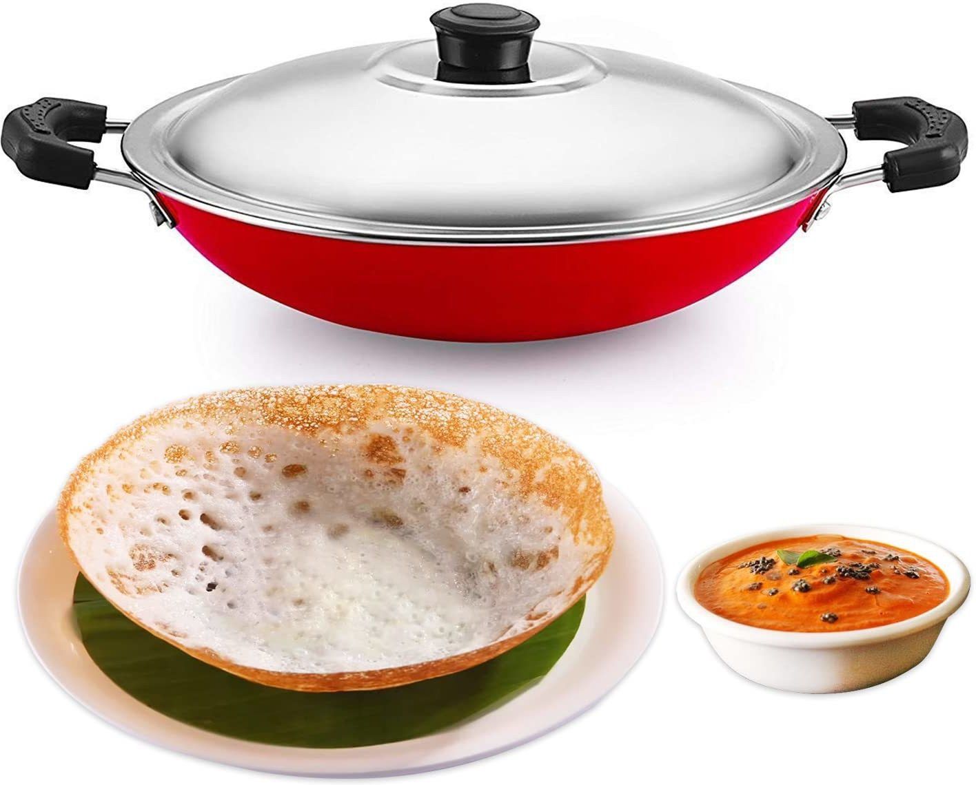 Aluminium Appachatti with Stainless Steel lid, 2.6mm, Red, 23cm, Gas Compatible Appachatty with Lid 1.5 L capacity 23 cm diameter-image-29