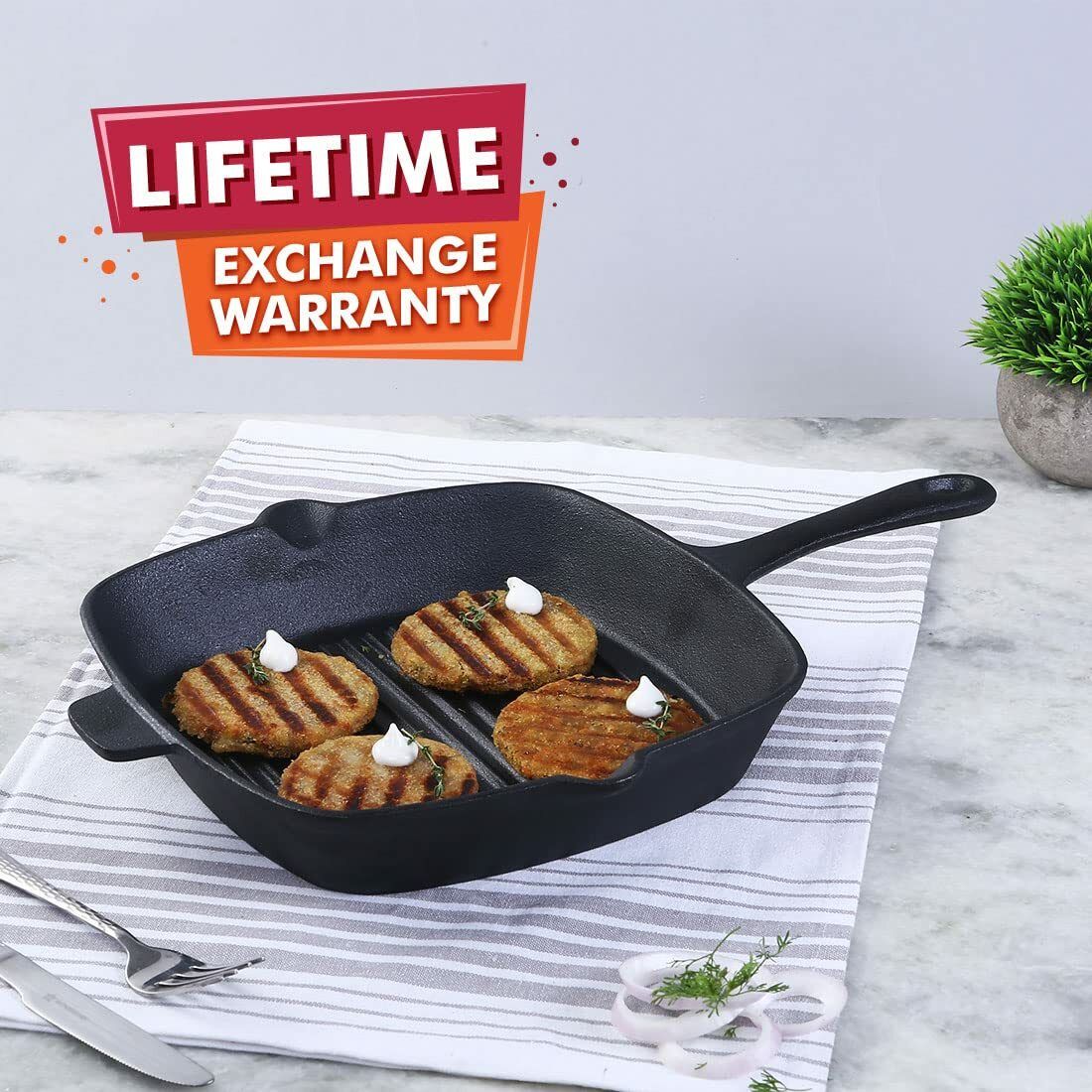 wonderchef Forza Cast-Iron Grill Pan, Pre-Seasoned Cookware, Induction Friendly Grill Pan 26 cm diameter with Lid 2 L capacity-picture-10
