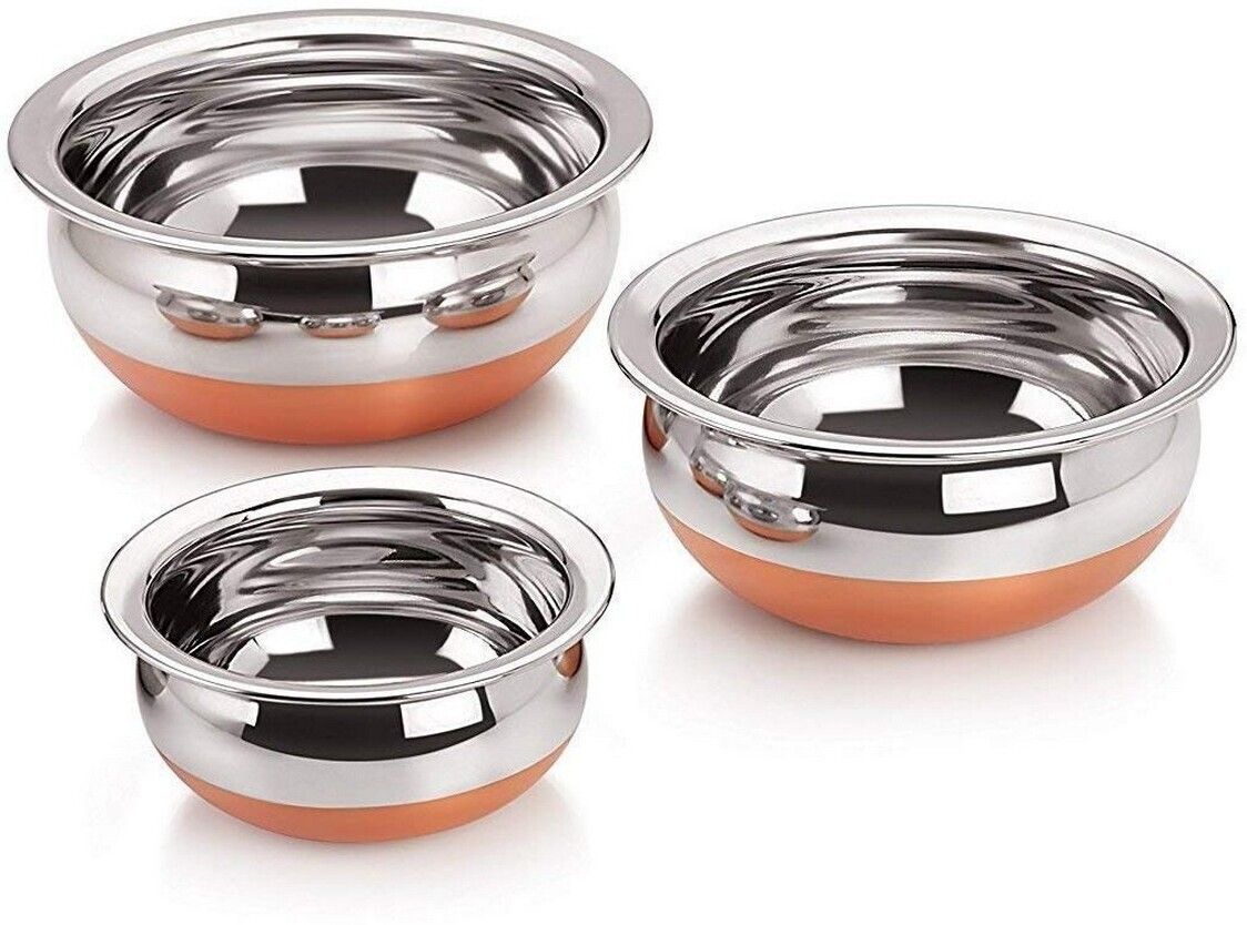 masox store Stainless Steel Perfect Copper Bottom Cooking Serving Biryani & Punjabi Handi D0 Bowl Serving Set-picture-15