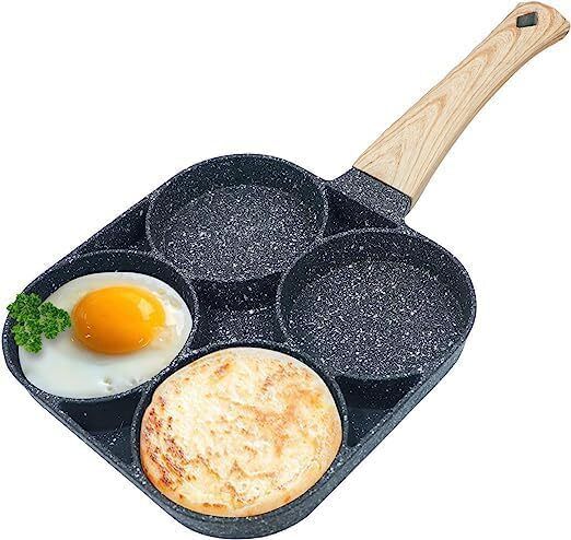 4 Hole Ceramic Pan for Cooking Egg Frying Pan with Wooden Handle Cupcake Maker