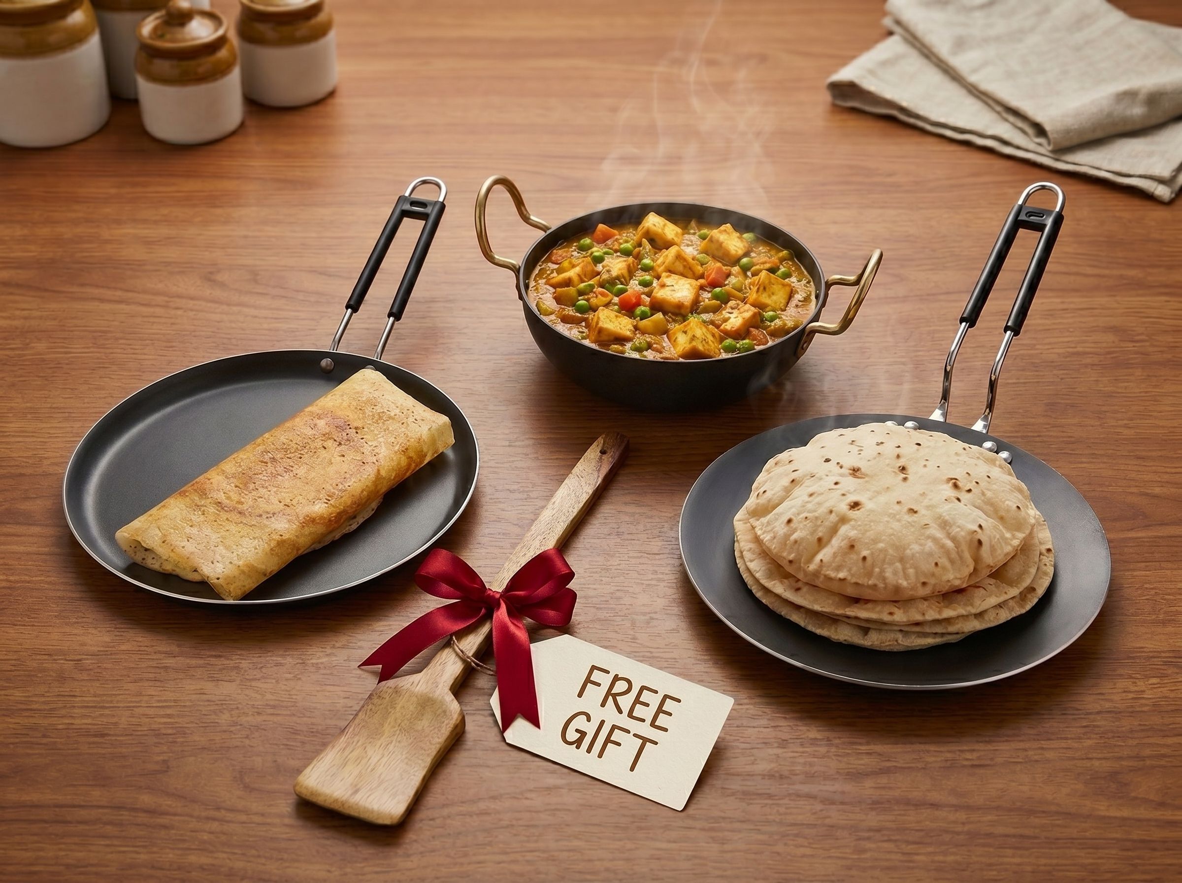 Cookware Combo - Wooden Spatula, Kadhai, Roti Tawa & Dosa Tawa 24 cm diameter-image-1