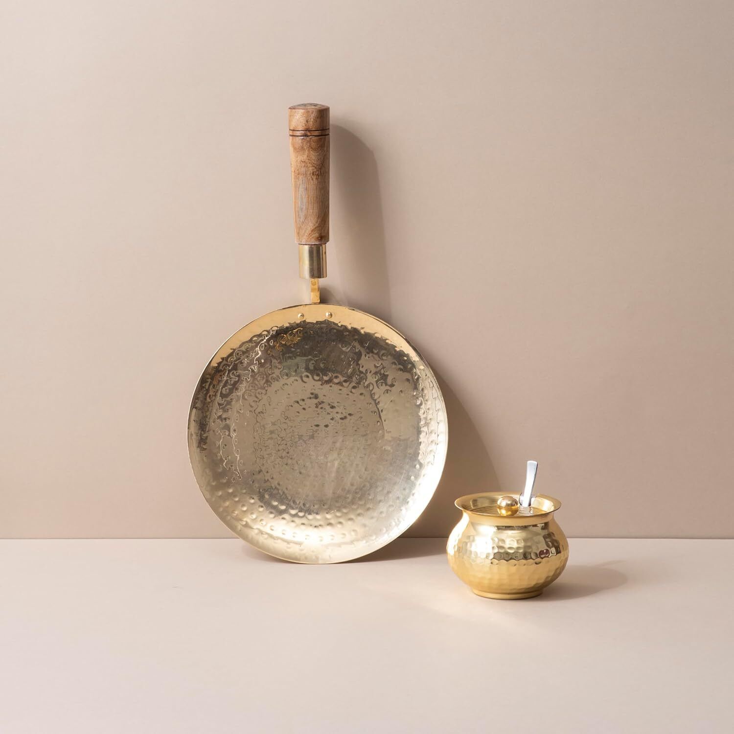 Brass Roti Tawa & 300ml Ghee Pot Combo - Pure Brass Kitchen Set Tawa 25.4 cm diameter with Lid-image-38