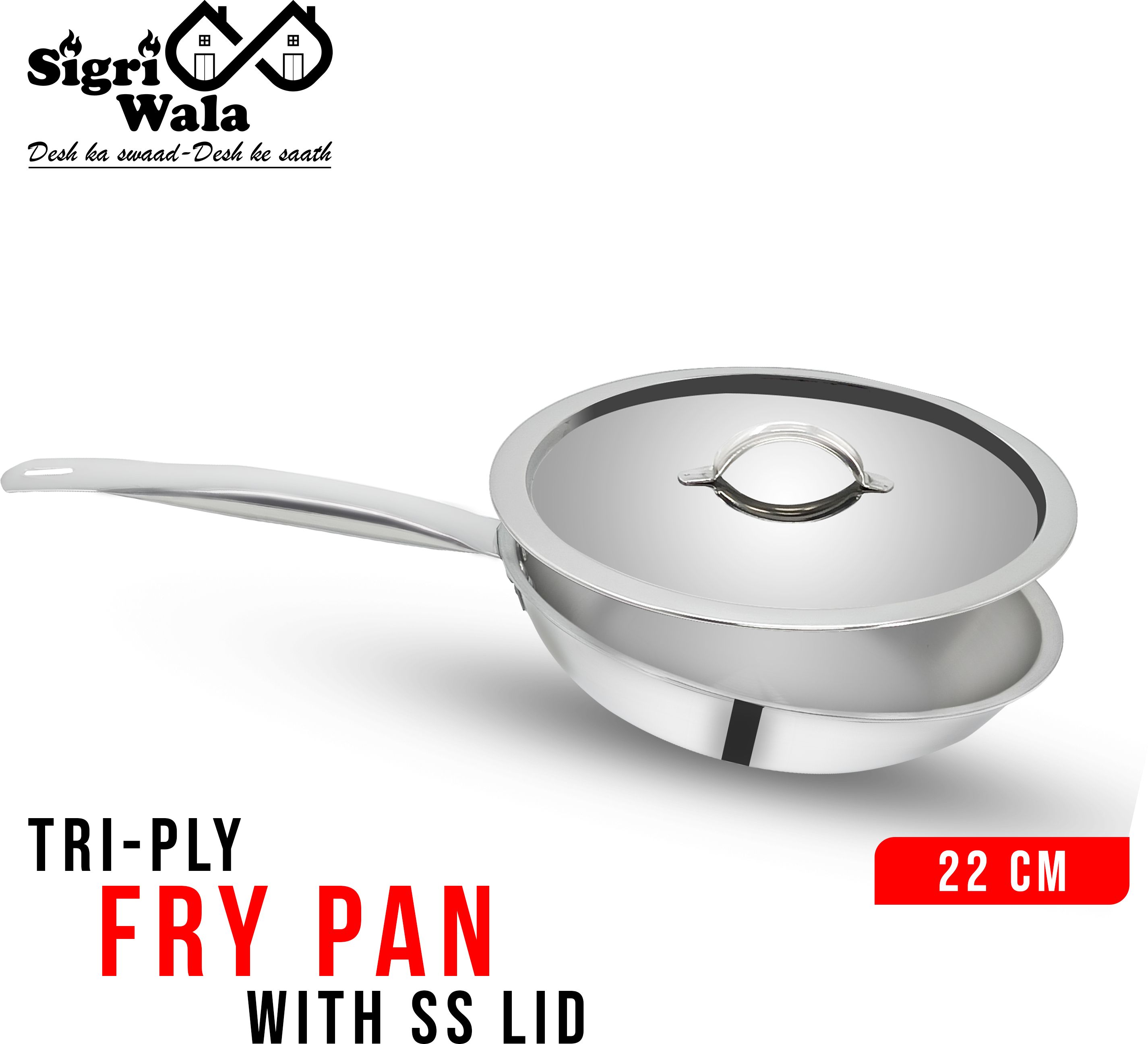 Triply Fry Pan 22 cm diameter with Lid 1.4 L capacity