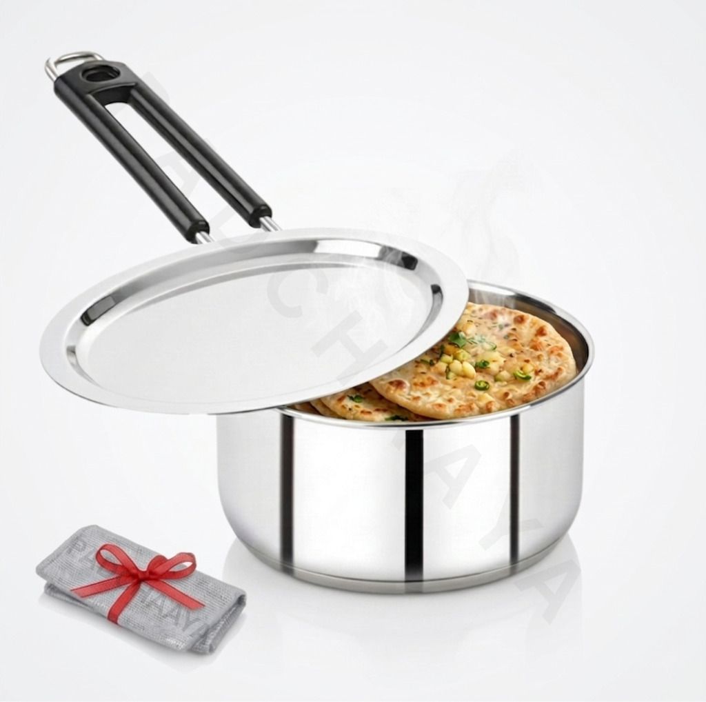 Steel Cooking Sauce Milk/Tea Pot Pan Bhagona with Handle+Dishwashing Rag(FREE) Sauce Pan 19 cm diameter with Lid 1 L capacity-image-9