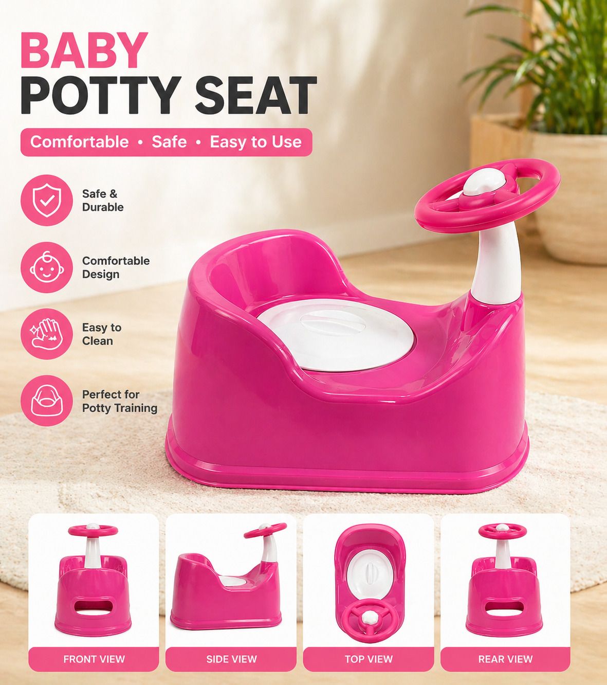 unityenterprise Baby Potty Training Seat with Steering Handle Easy Clean Toilet Trainer (Pink) Potty Seat-picture-0