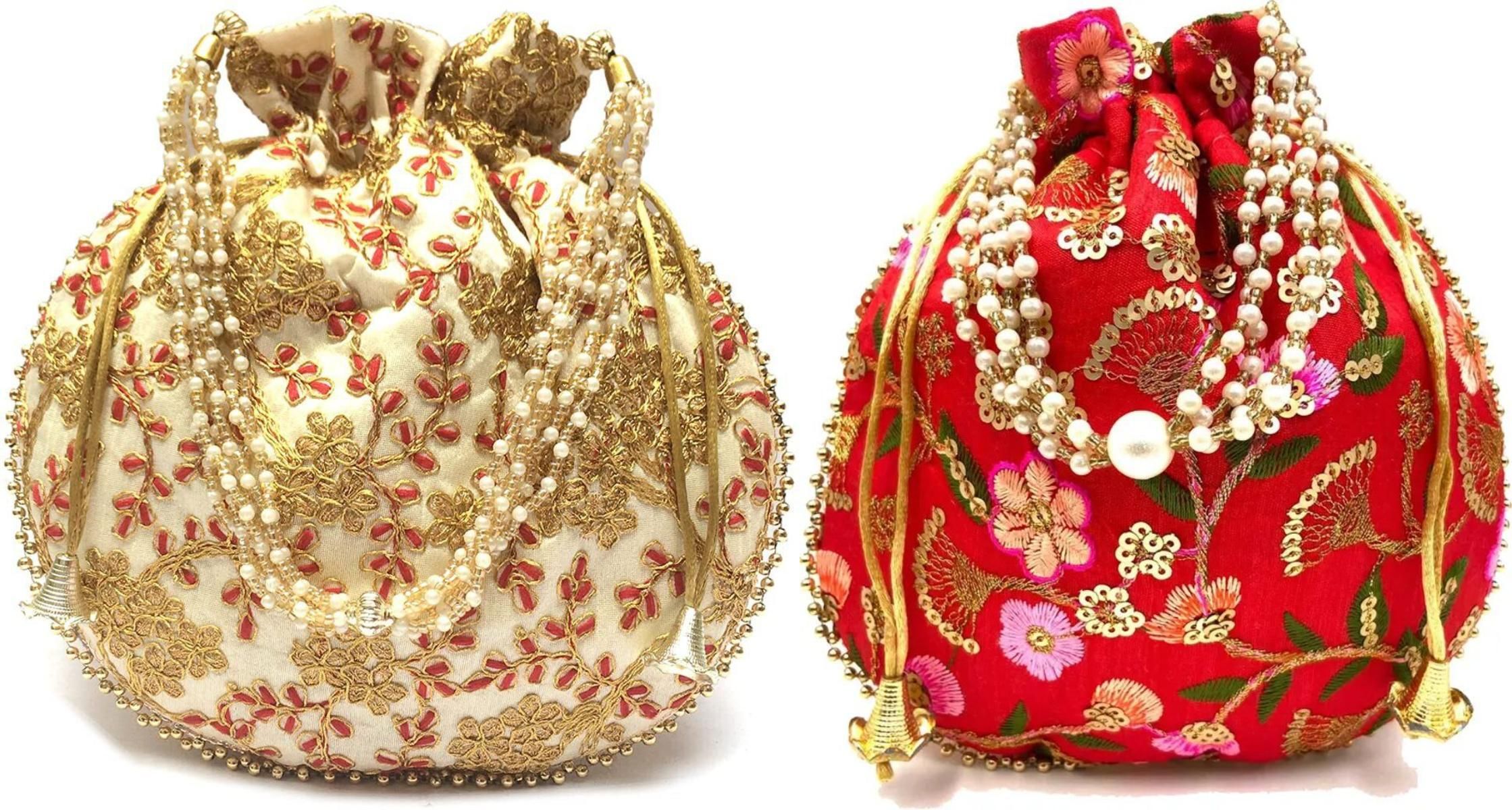 women beige, maroon potli