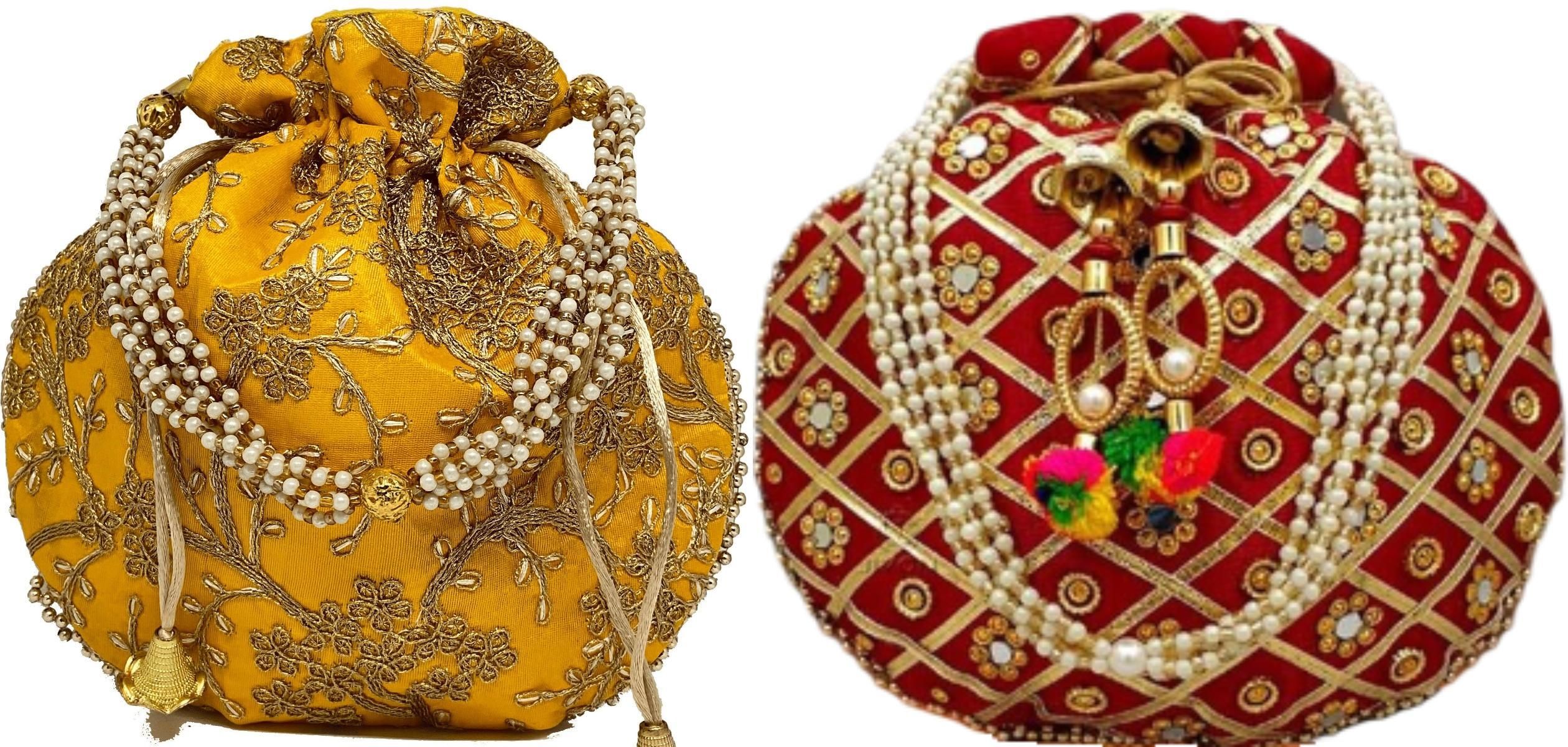 women yellow, maroon potli