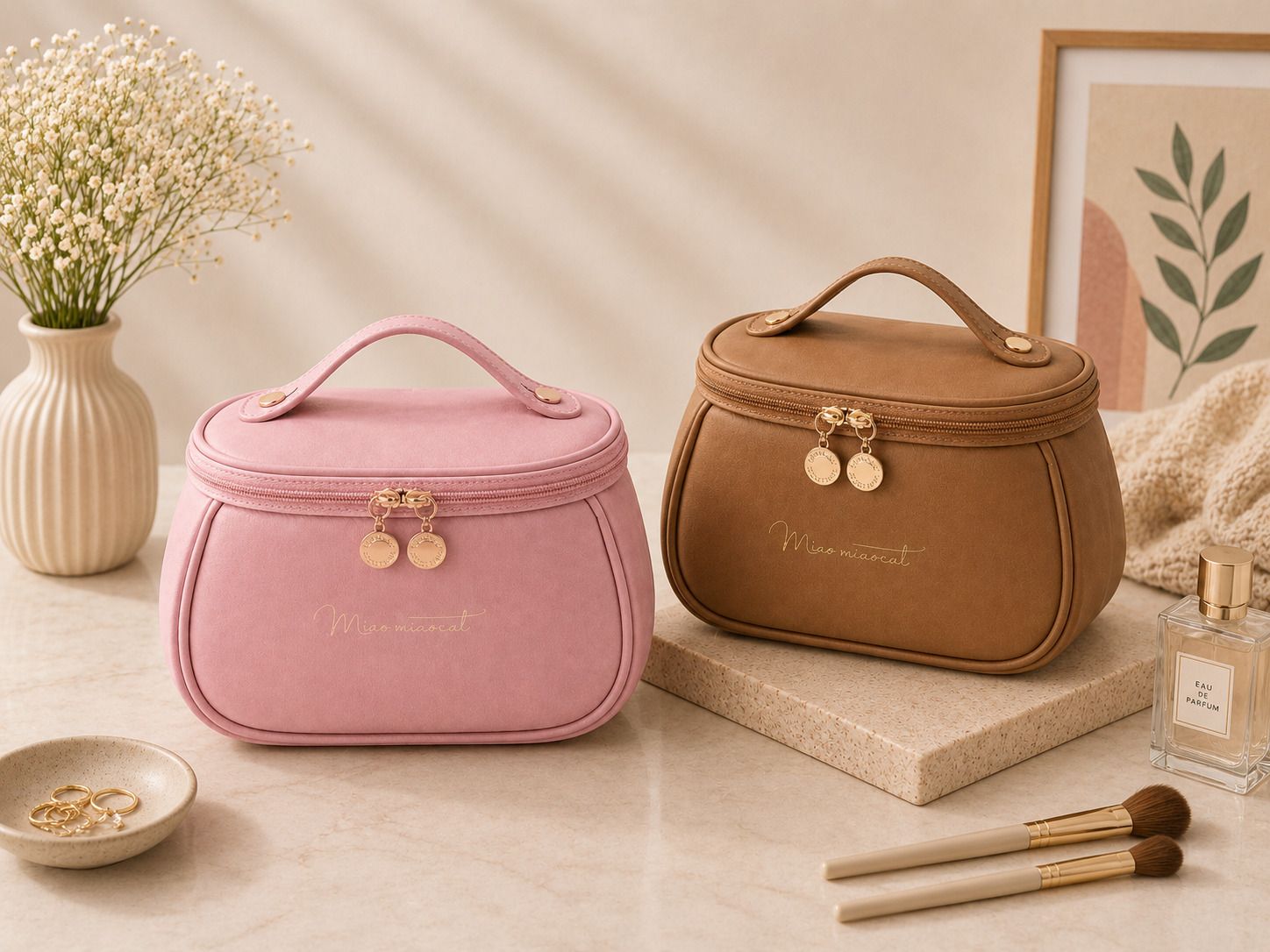 Women Pink, Brown Cosmetic Bag-image-49