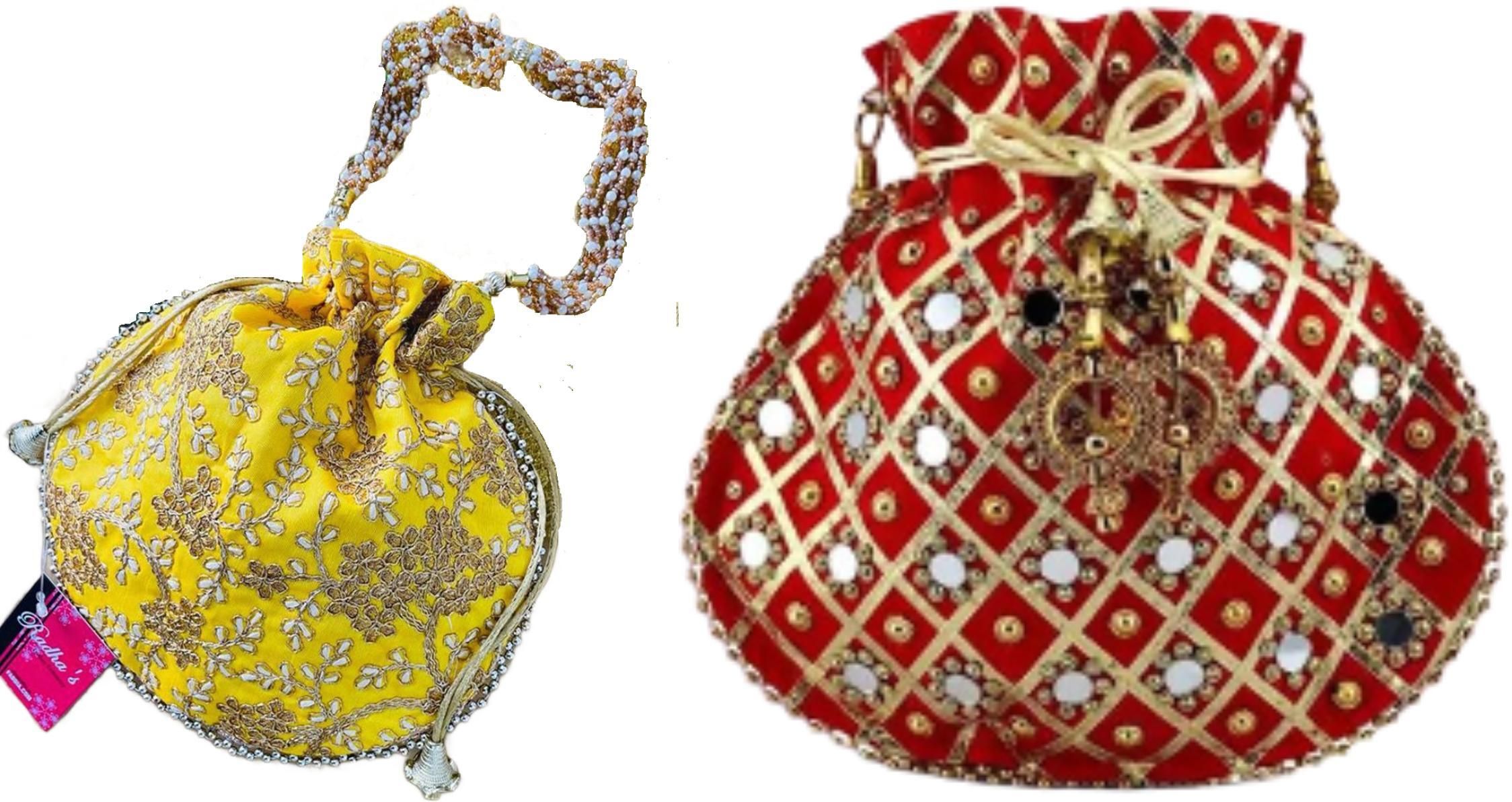 women yellow, red potli