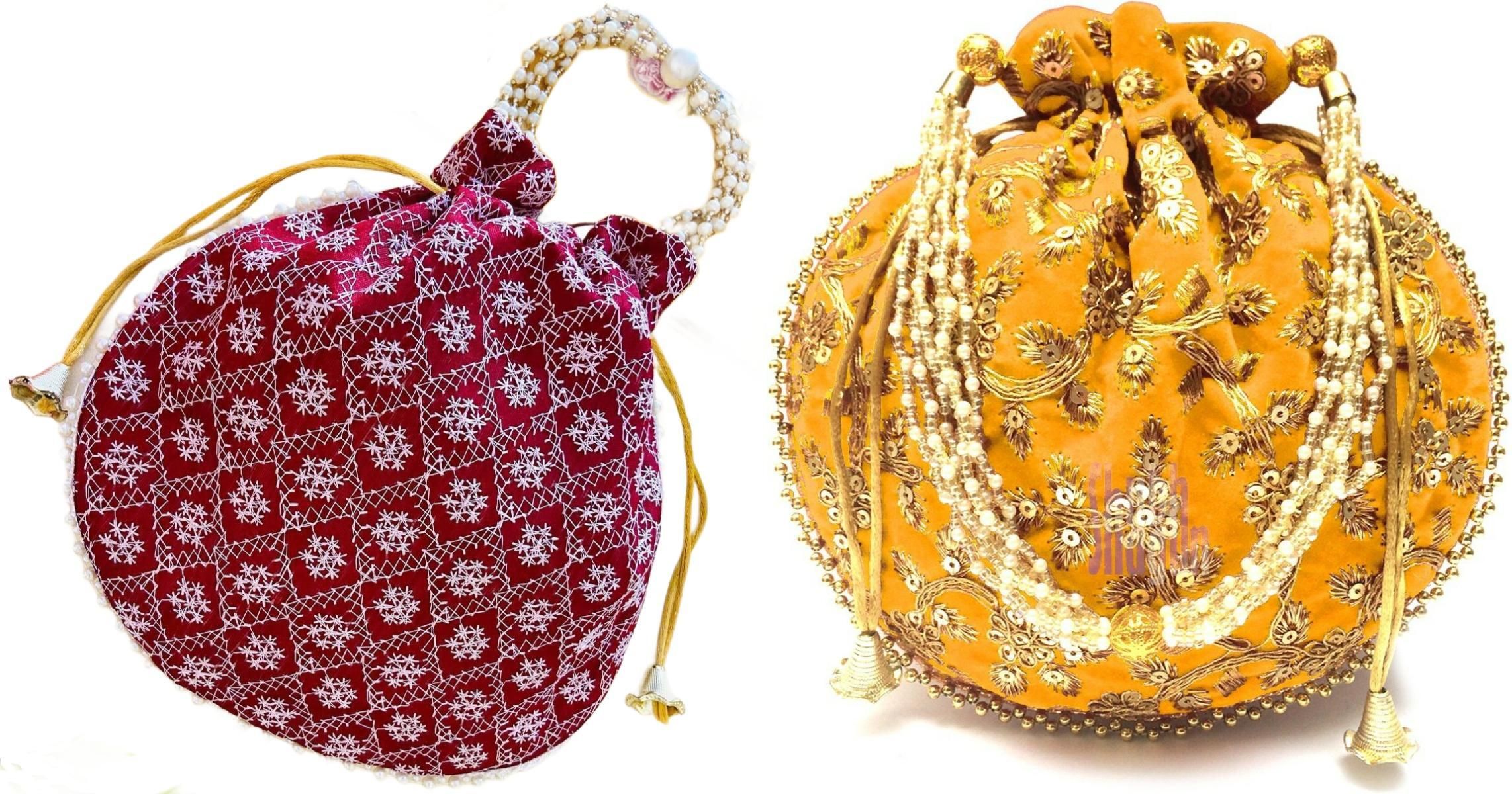 women maroon, yellow potli