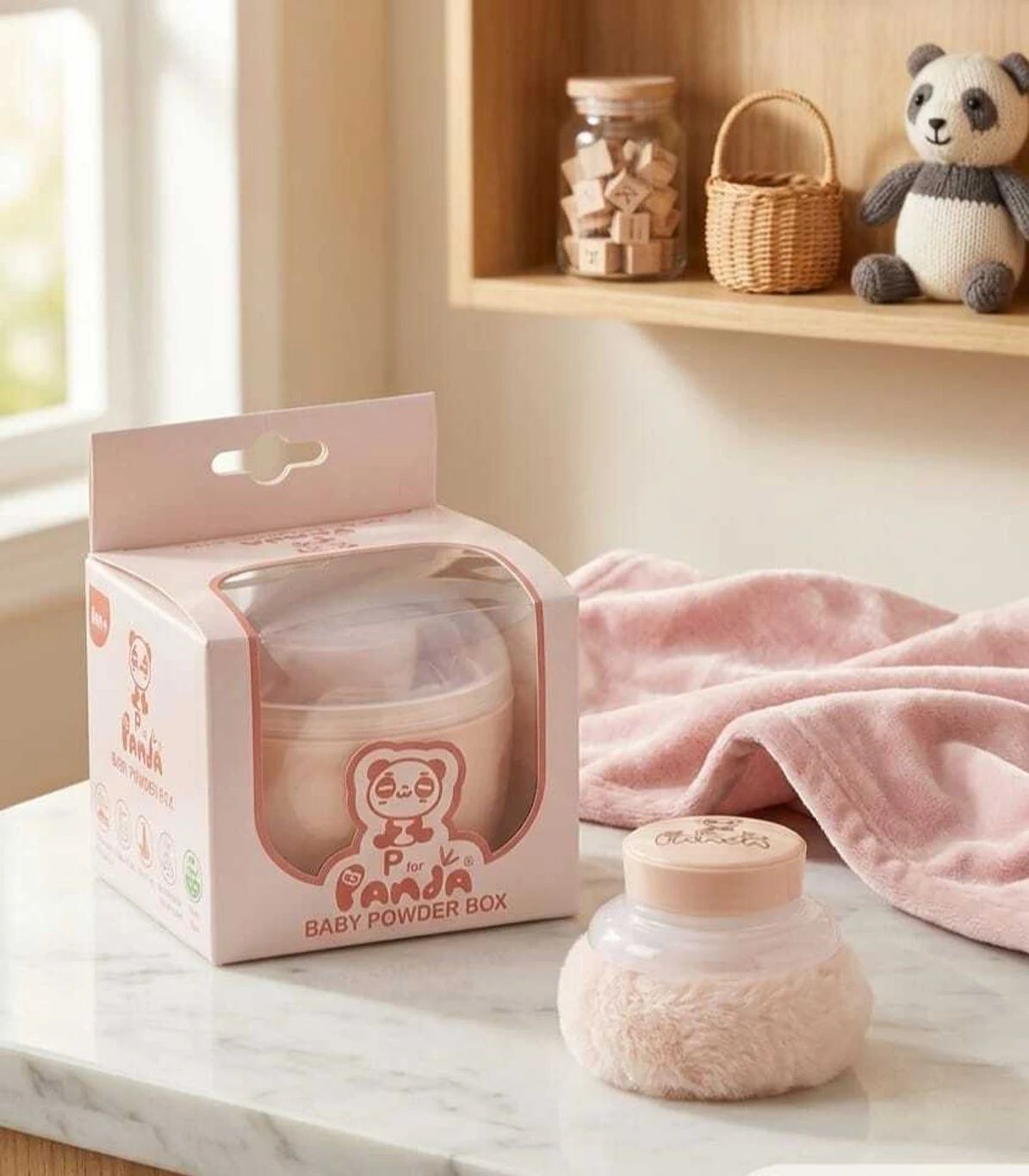 Panda Baby Powder Box with Soft Puff | Safe Non-Toxic Baby Care (Peach)-image-34