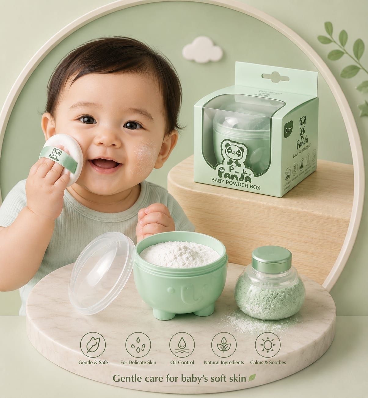 kiyaan Baby Panda Powder Box with Soft Elephant Puff GREEN-picture-19