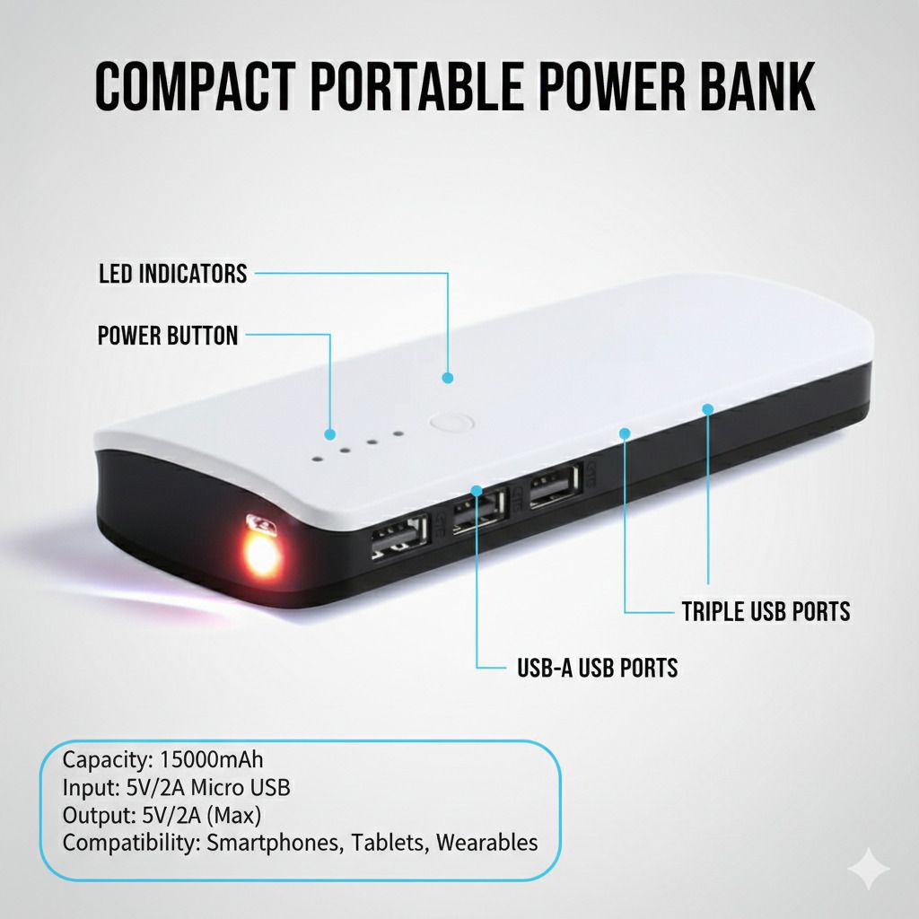 15000 mAh 15 W Compact Pocket Size Power Bank