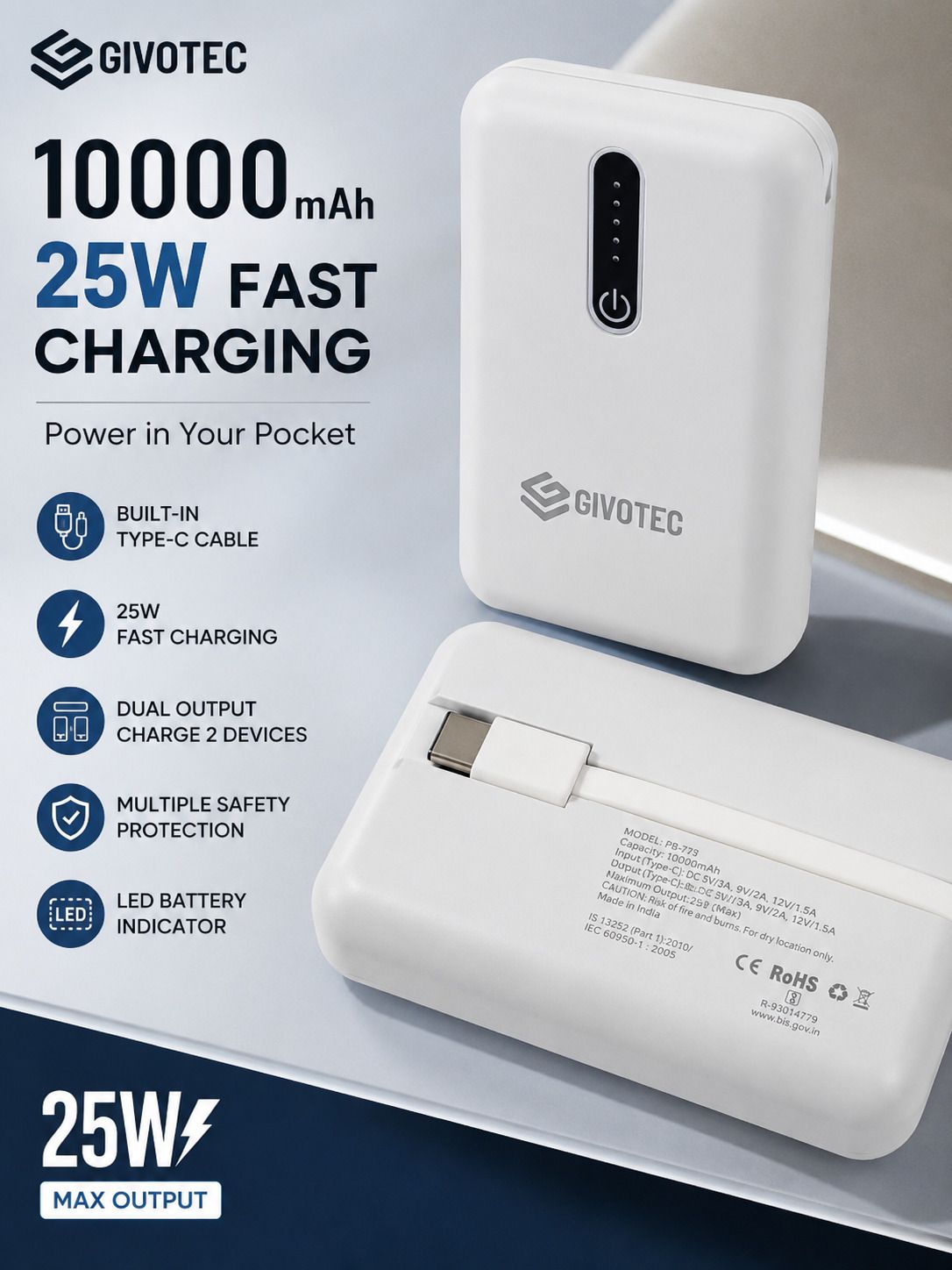10000 mAh 2 W Compact Pocket Size Power Bank-image-5
