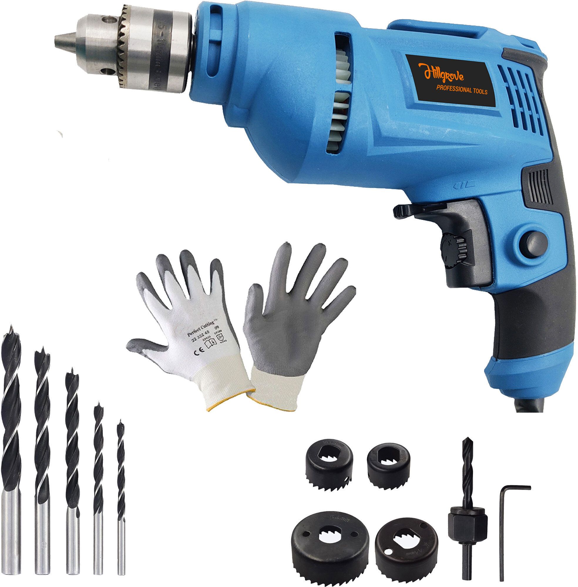 HGCM1099M3 700W Power Drill Machine with 5Pcs Wood Bits and 6Pcs Hole Saw Drill Bits for Making Holes in Metal/Wood/Concrete with Reverse Rotation HF0190 Pistol Grip Drill
