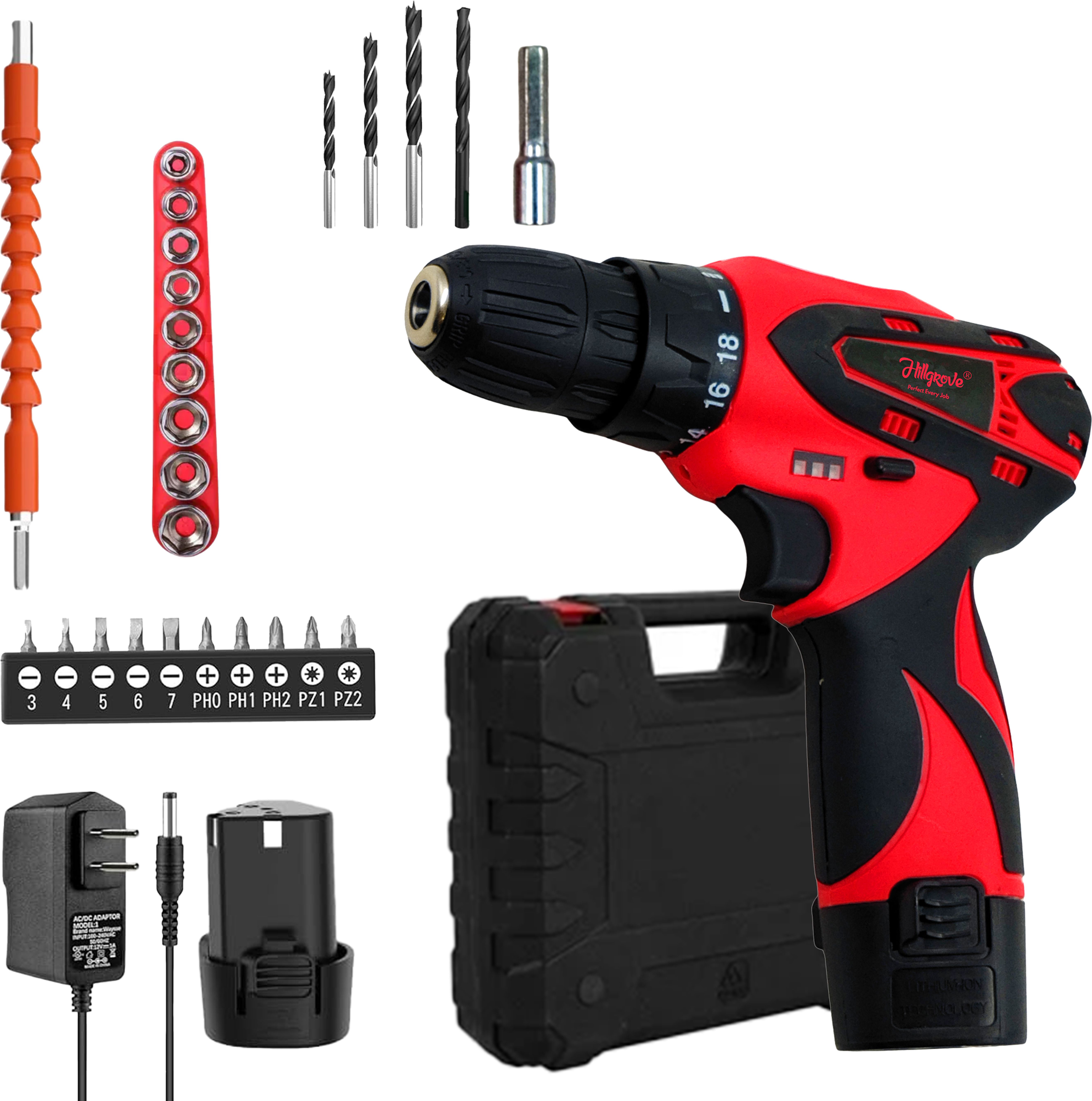 hillgrove HGCM1380M1 12V 10mm Electric Wireless Mini Cordless Charging Screw Drilling HGCM1380M1 Wall Hole Battery & Charger Power Drill Machine Kit Set for Home Use Cordless Drill-picture-28