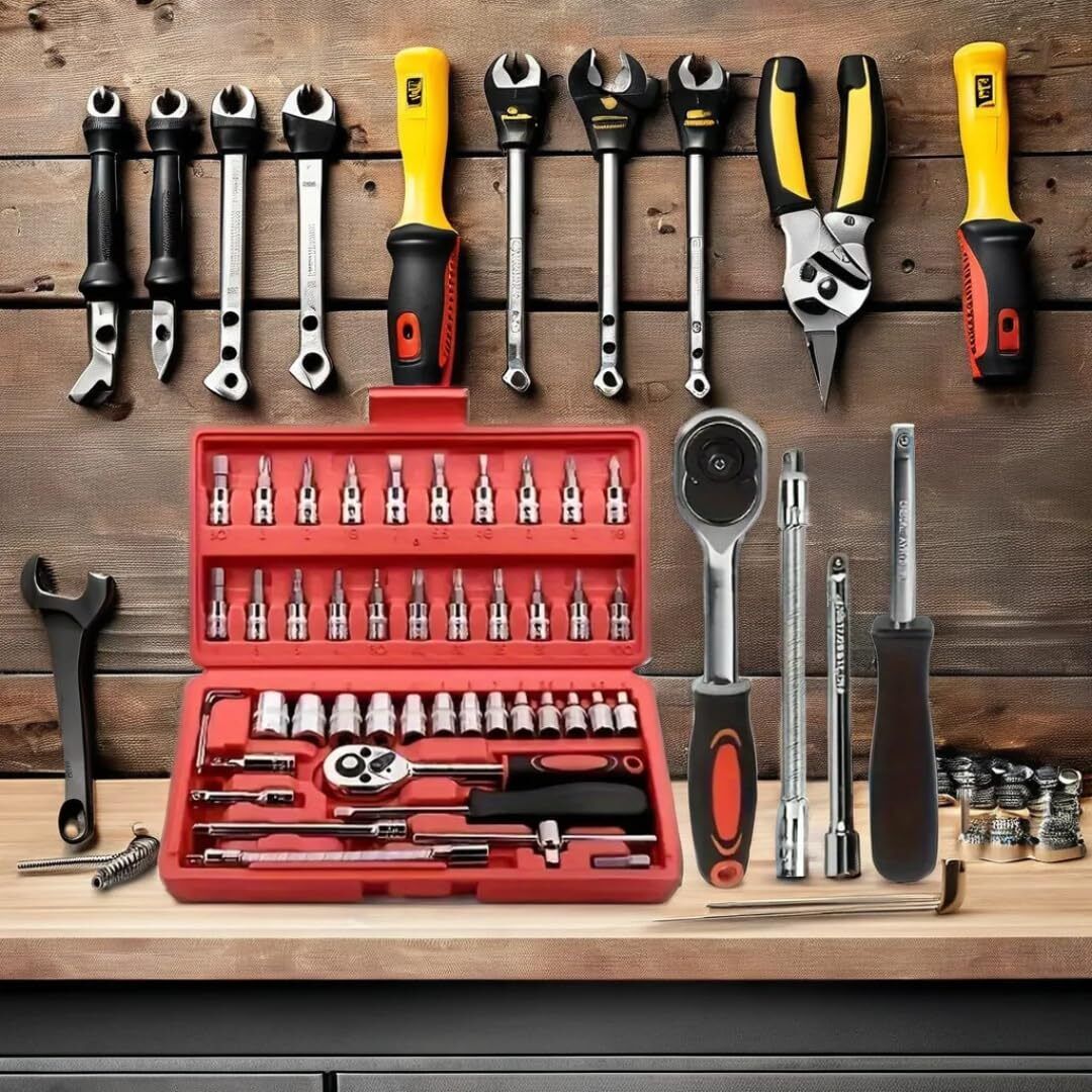 bvmart Professional 46-Piece Hand Tool Kit in Red Box Featuring Ratchet, Socket Set Hand Tool Kit-picture-44