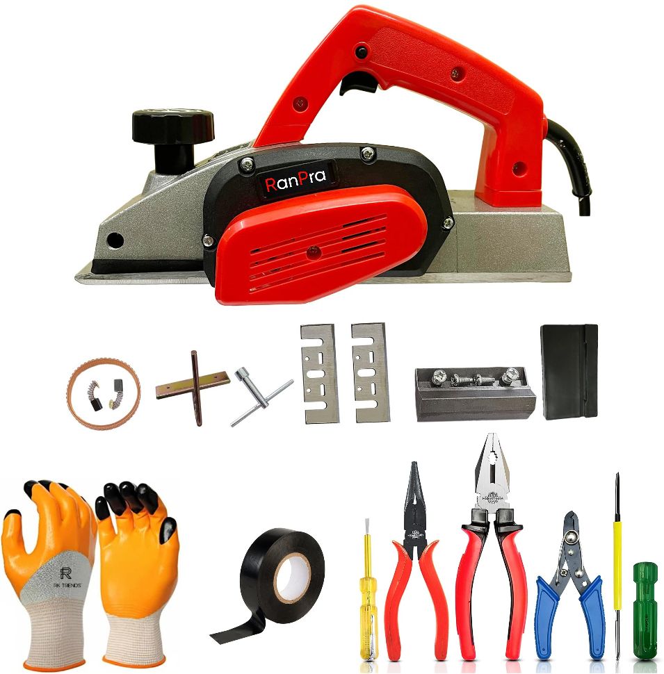 Electric Wood Planer RED 82mm 750W Professional working Machine with accessories Corded Planer And 7 Hand Tool Set Corded Planer