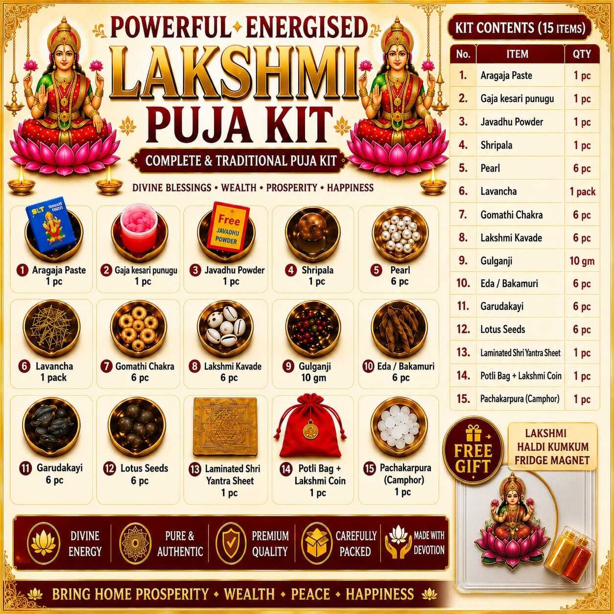 Lakshmi Puja Kit 15 Pcs with Shri Yantra, Gomati Chakra, Lakshmi Kavade & Seeds Prayer Kit-image-18