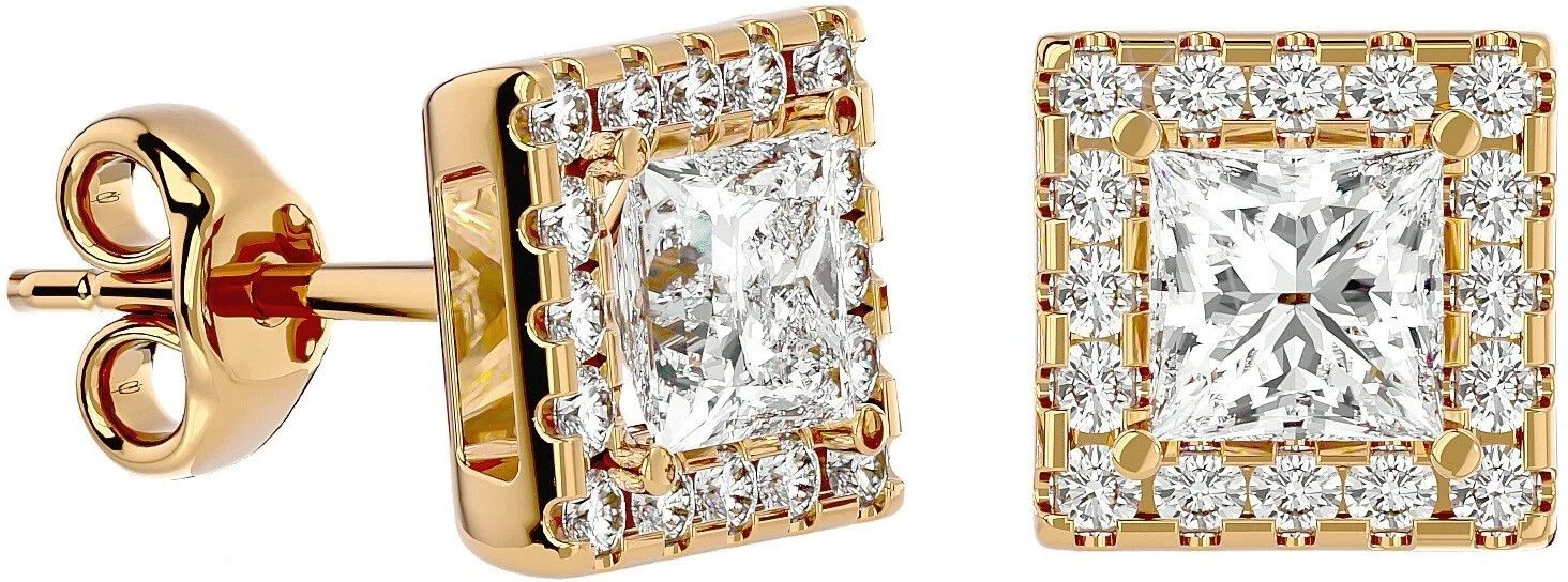 JEWELIES Princess Solitaire Halo Sterling Silver 925 Rhodium Plated Zirconia CZ | Square Yellow Gold Stud Earring-image-5