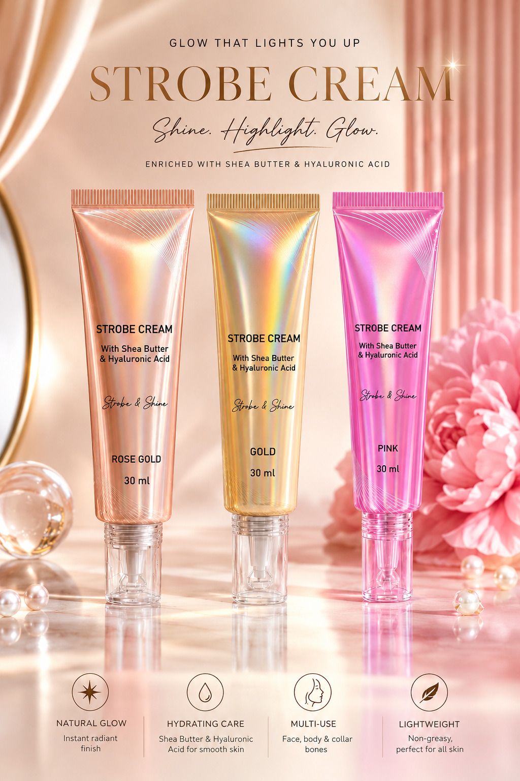 Strobe Cream, Primer + Highlighter + Moisturizer With Highlighter Combo set 3 Primer - 30 ml-image-3