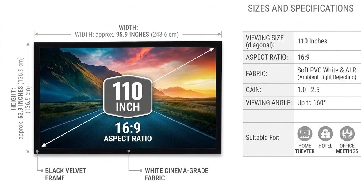 TONZO 110 inch Fixed Frame Projector Screen with Velvet Border 16:9 Ratio Matte White Projector Screen (Width 221 cm x 137.2 cm Height)-image-8