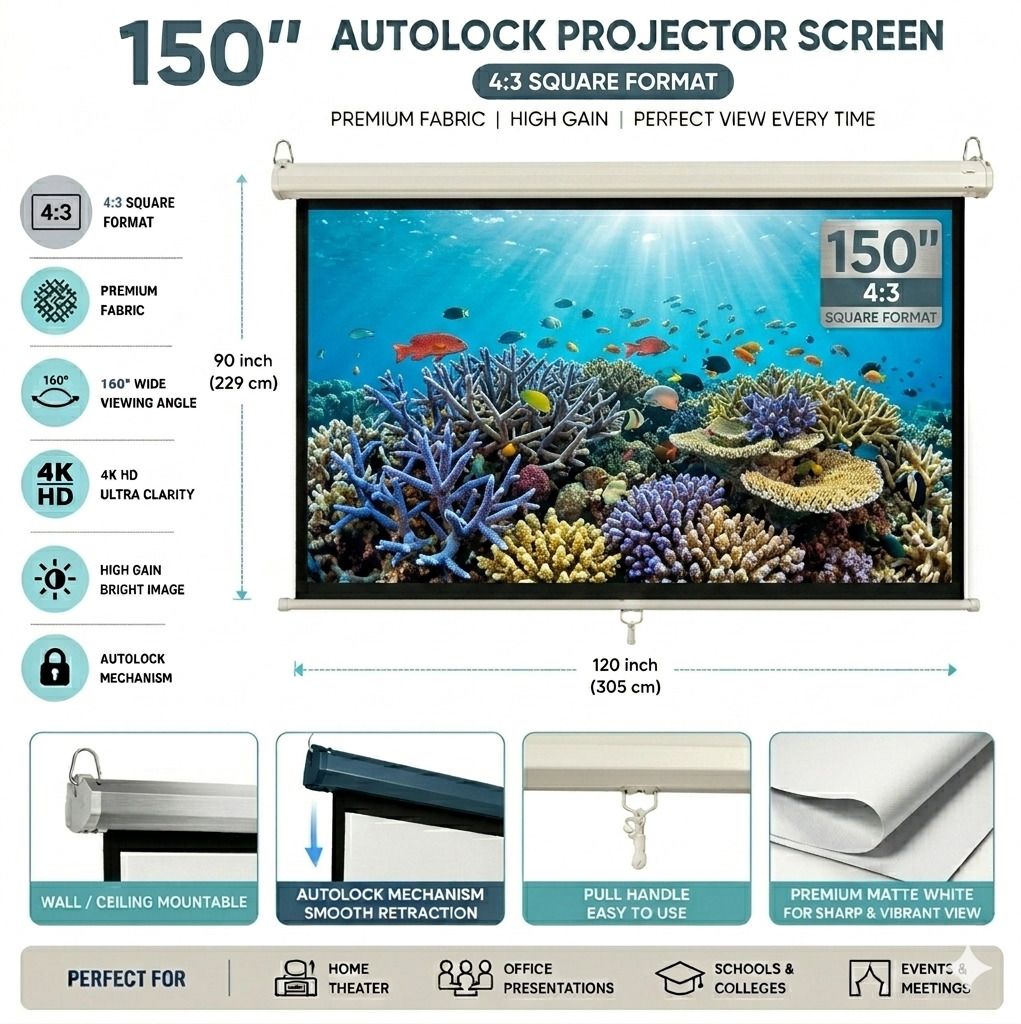 TONZO 150 inch Autolock Manual Pull Down Projector Screen 4:3 Ratio Matte White Projector Screen (Width 305 cm x 229 cm Height)-image-45