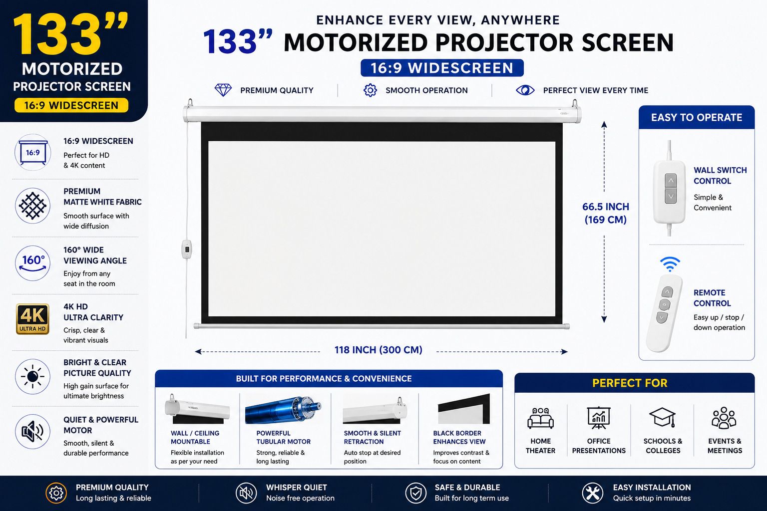 TONZO 133 inch Motorized Electric Projector Screen with Remote 16:9 Ratio Matte White Projector Screen (Width 294.6 cm x 165.1 cm Height)-image-29