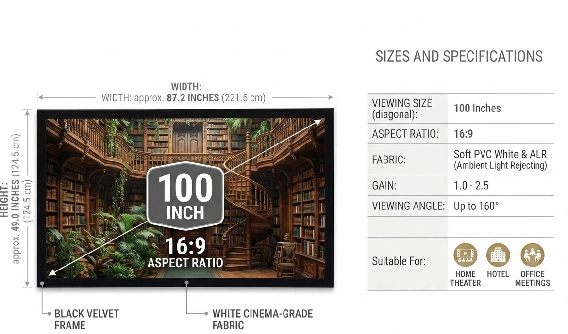 TONZO 100 inch Fixed Frame Projector Screen with Velvet Border 16:9 Ratio Matte White Projector Screen (Width 243.8 cm x 124.5 cm Height)-image-10