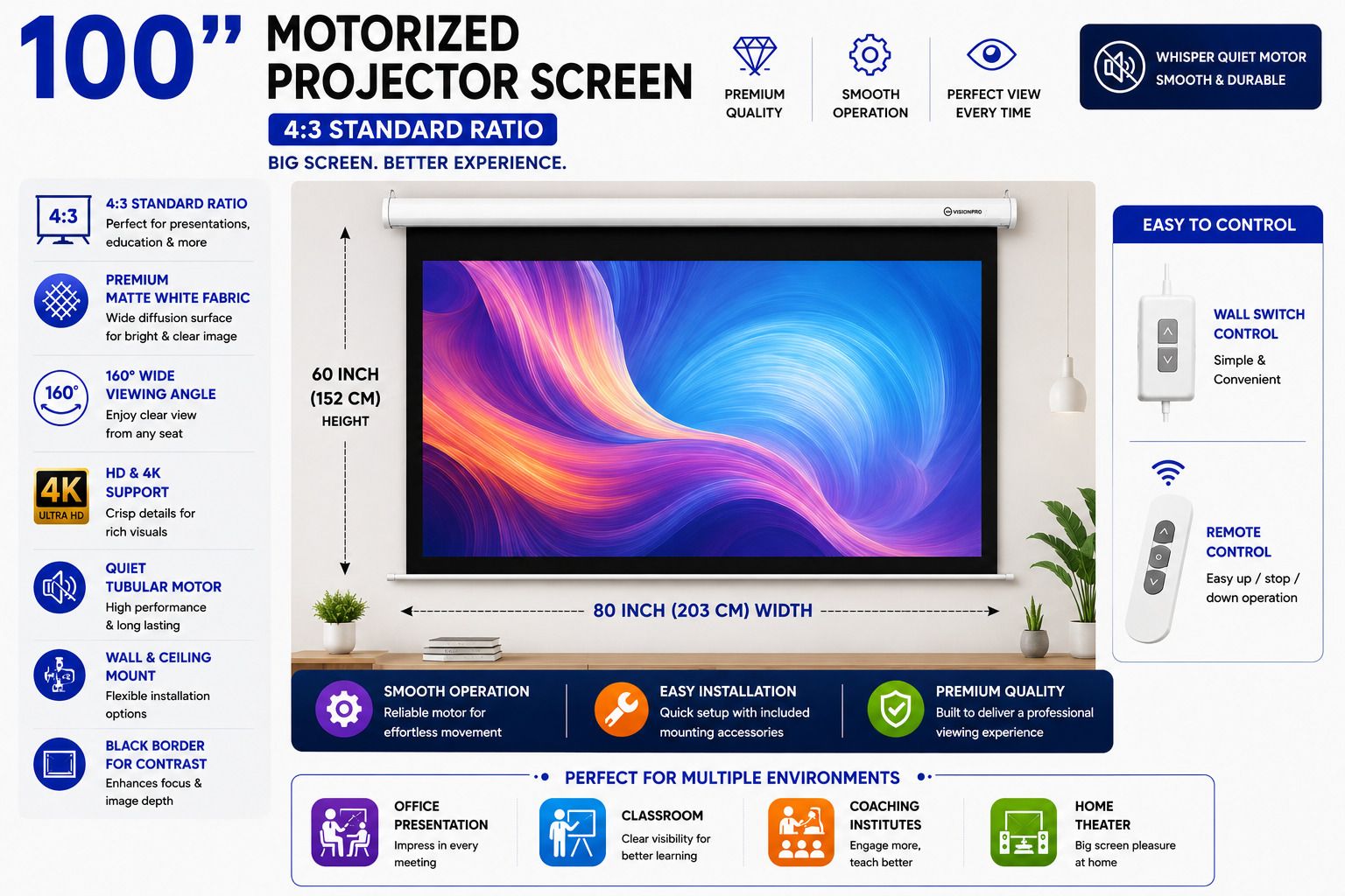 TONZO 120 inch Motorized Electric Projector Screen with Remote 16:9 Ratio Matte White Projector Screen (Width 266.7 cm x 149.9 cm Height)-image-31