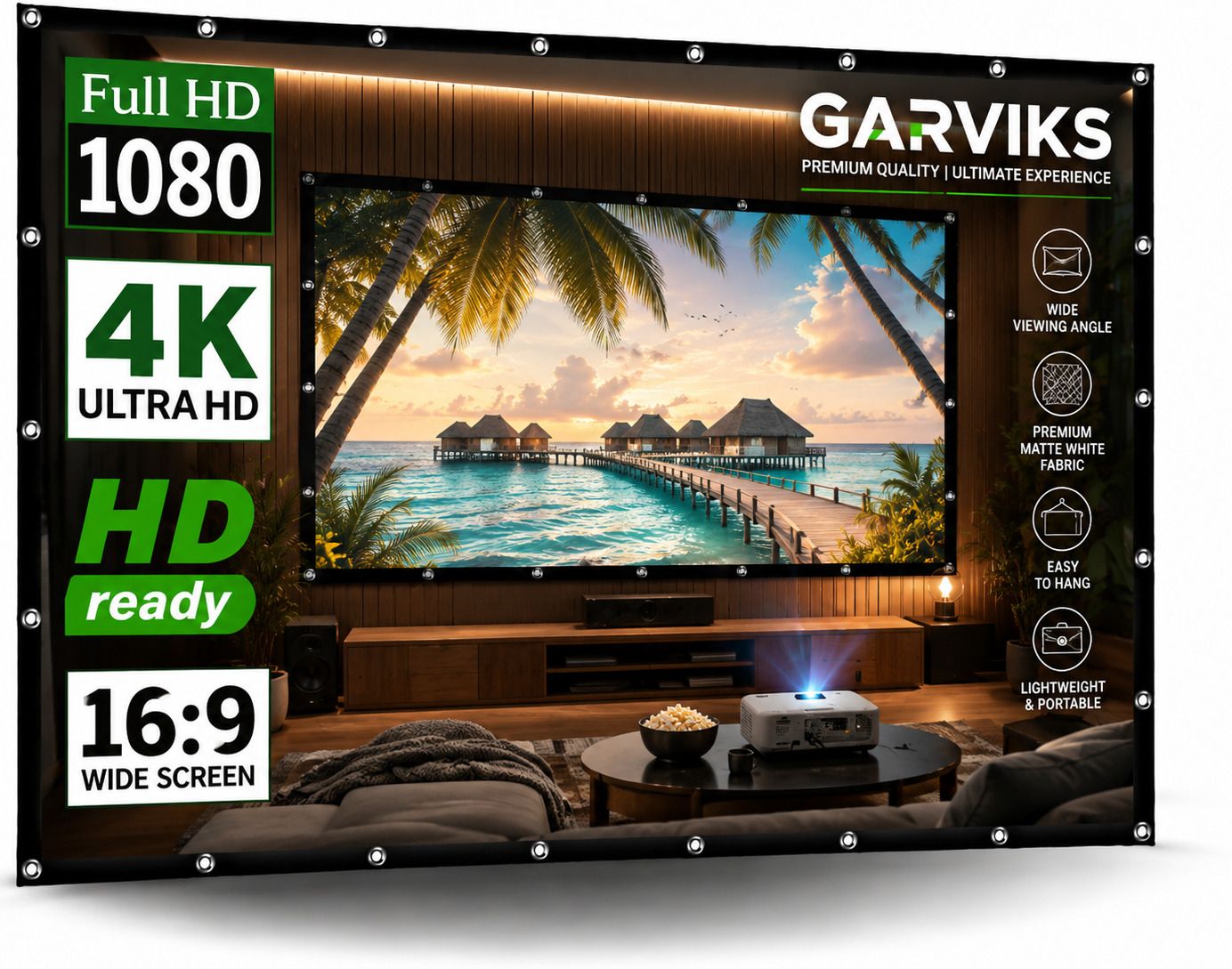 GARVIKS 150 Inch Foldable Projector Screen 16:9 | Portable Full HD 3D 4K Home Theatre Projector Screen (Width 332 cm x 187 cm Height)-image-17