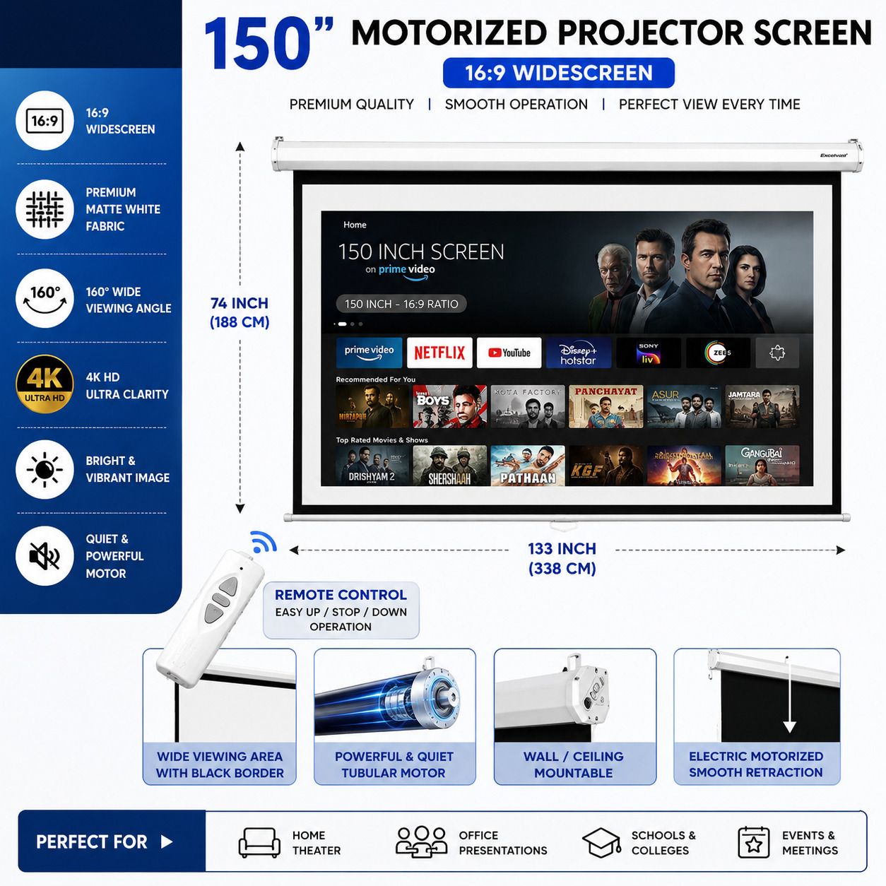 TONZO 150 inch Motorized Electric Projector Screen with Remote 16:9 Ratio Matte White Projector Screen (Width 332.7 cm x 188 cm Height)-image-4