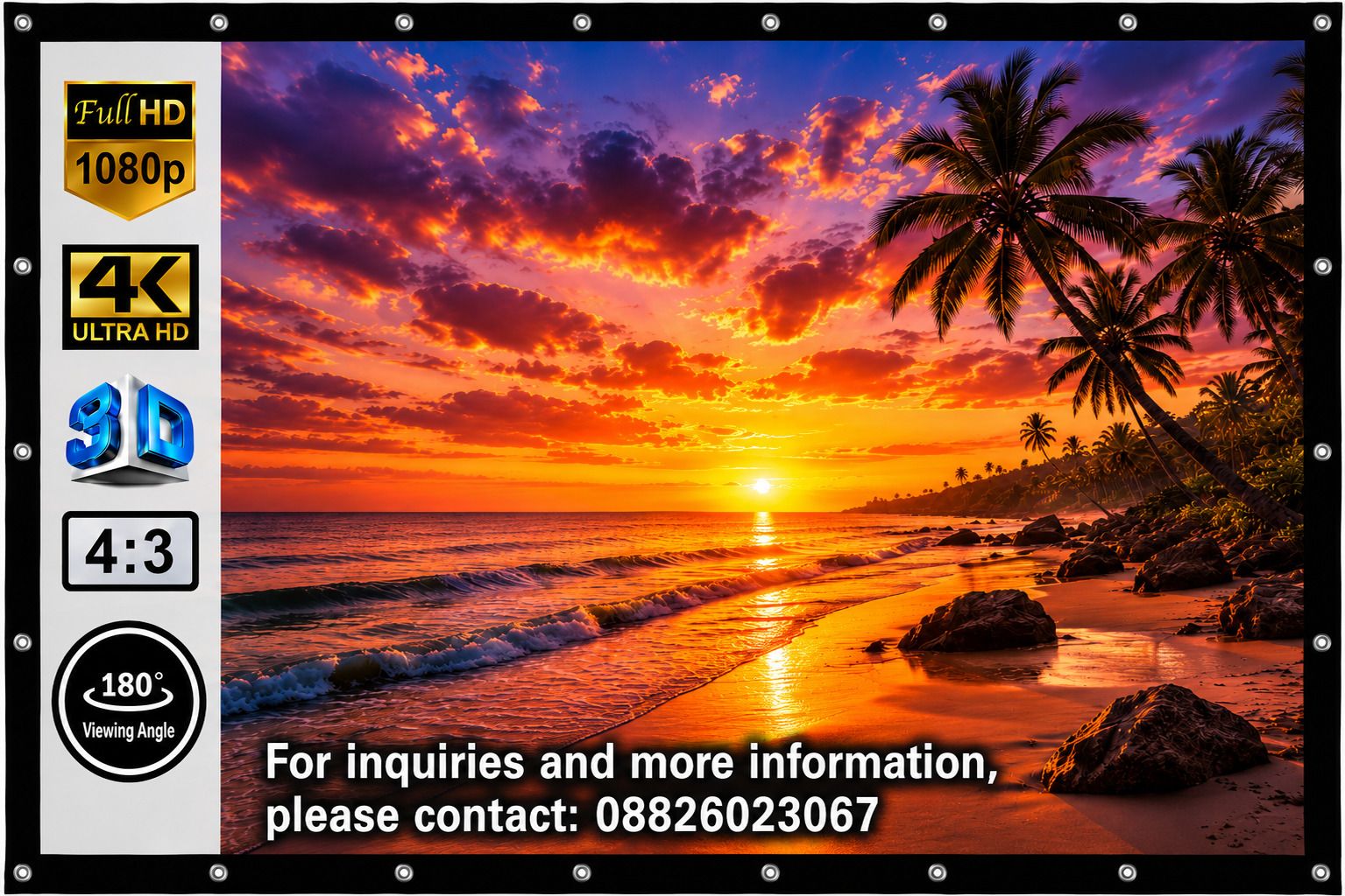 royality Eyelet Projector Screen 133" Diagonal (8.8FTW x 6.5FTH) 4:3, Full HD/4K/8K Projector Screen (Width 270 cm x 202 cm Height)-image-4