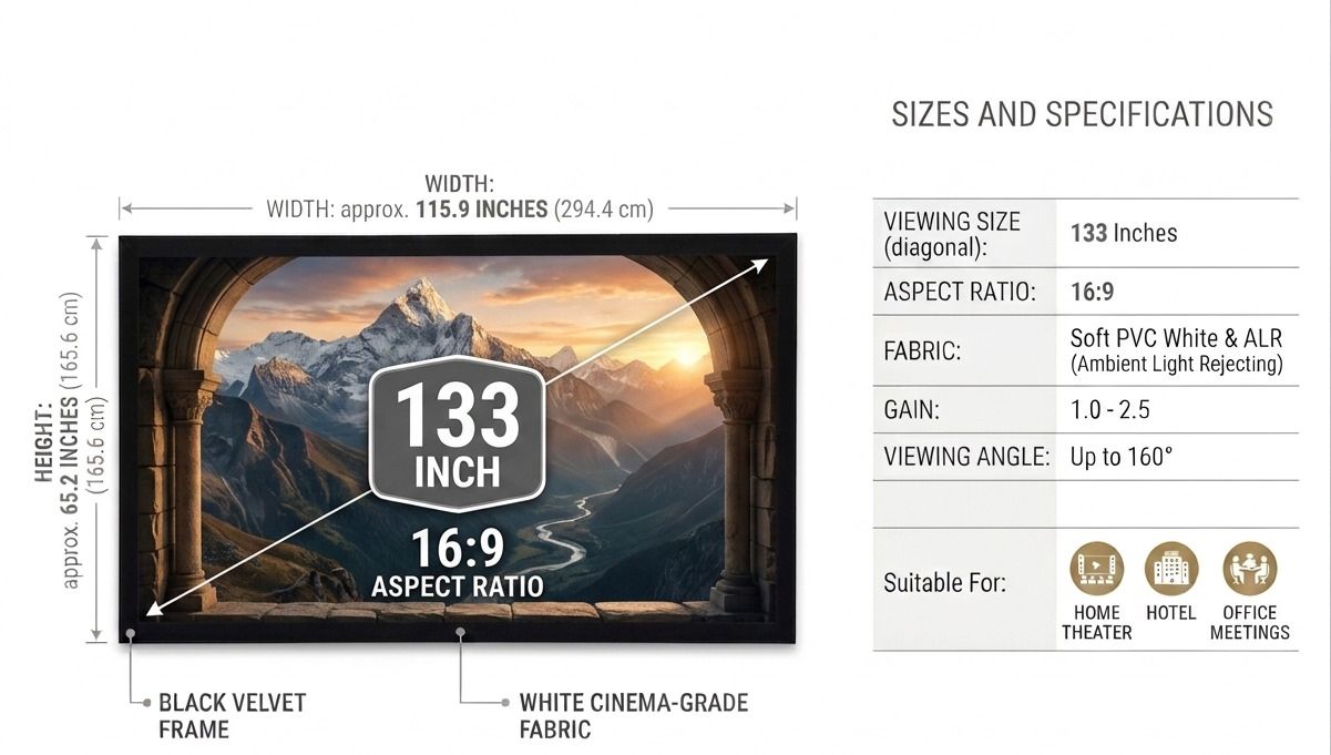 TONZO 133 inch Fixed Frame Projector Screen with Velvet Border 16:9 Ratio Matte White Projector Screen (Width 294.6 cm x 165.1 cm Height)-image-49