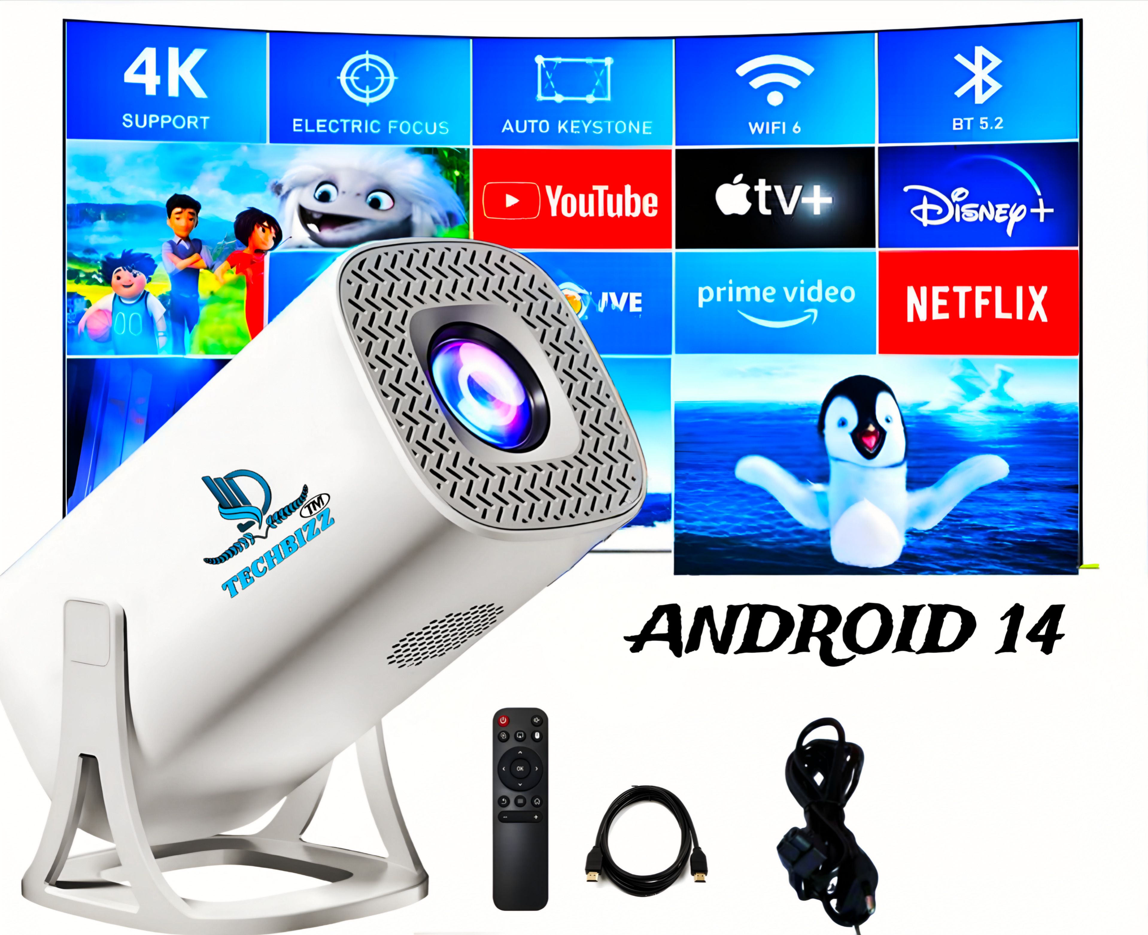 TECHBIZZ S-40P,4K,SMART WIFI,ANDROID 14-100+ INSTALLED APPS,2GB/16GB,HDMI CABLE,LATEST OS (4700 lm / 1 Speaker / Wireless / Remote Controller) Portable Projector-image-19