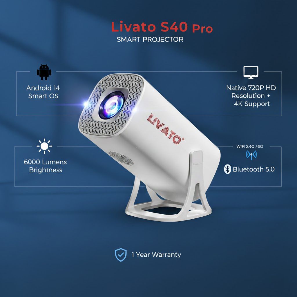 Livato S40 Pro 1GB/8GB,4K Support Android 14 WiFi6/BT5.0 Auto Keystone Projector (6000 lm / 1 Speaker / Wireless / Remote Controller) Portable Projector-image-46