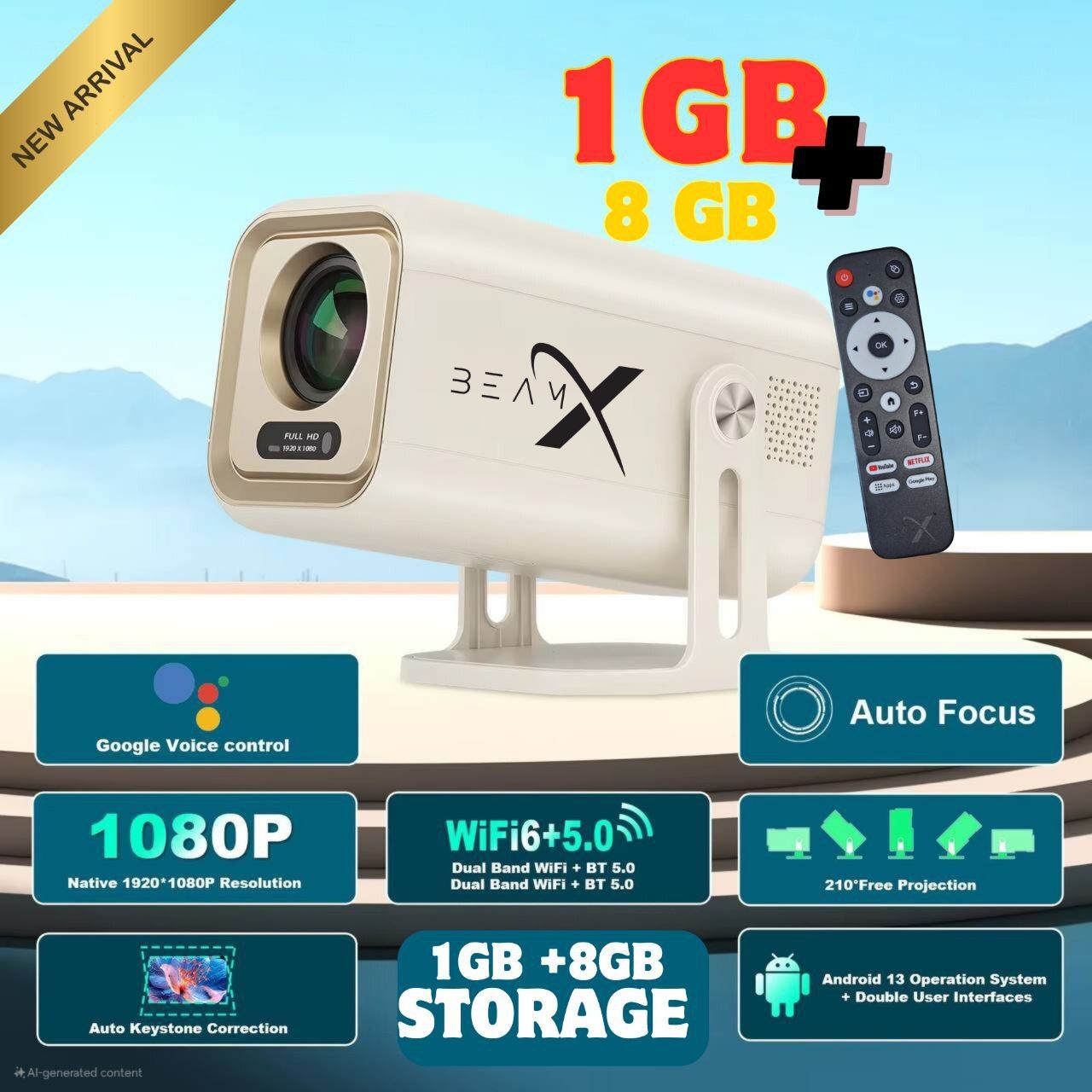BeamX ELITE 1+8GB Storage 6X Brighter Android 13 Voice Assistant 4K HDR+ Dolby Support (16000 lm / 1 Speaker / Wireless / Remote Controller) Portable Projector-image-3