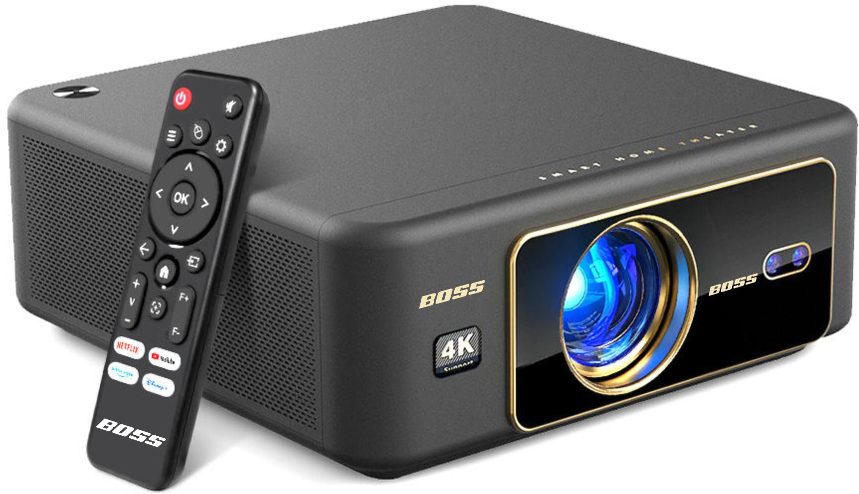 boss projector cinemax 4k smart 21000 lumens android 12 4k hdr auto focus 6d keystone (21000 lm / 2 speaker / wireless / remote controller) portable projector