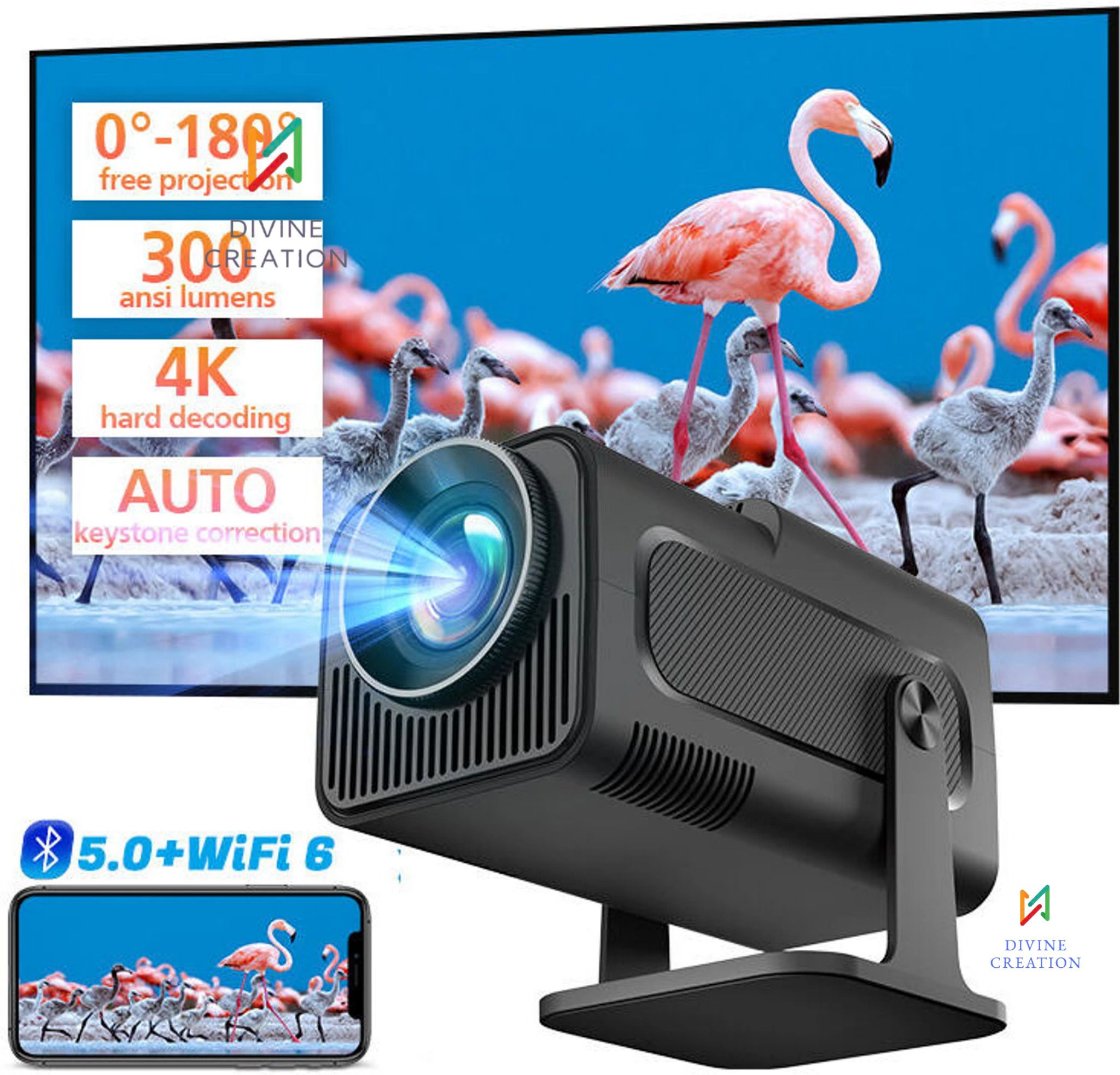 Divine creation HY320 Mini 4K Support Smart Android 13 Projector with WiFi 6 HD Home Theater J5 (5000 lm / Wireless / Remote Controller) Portable Projector-image-14