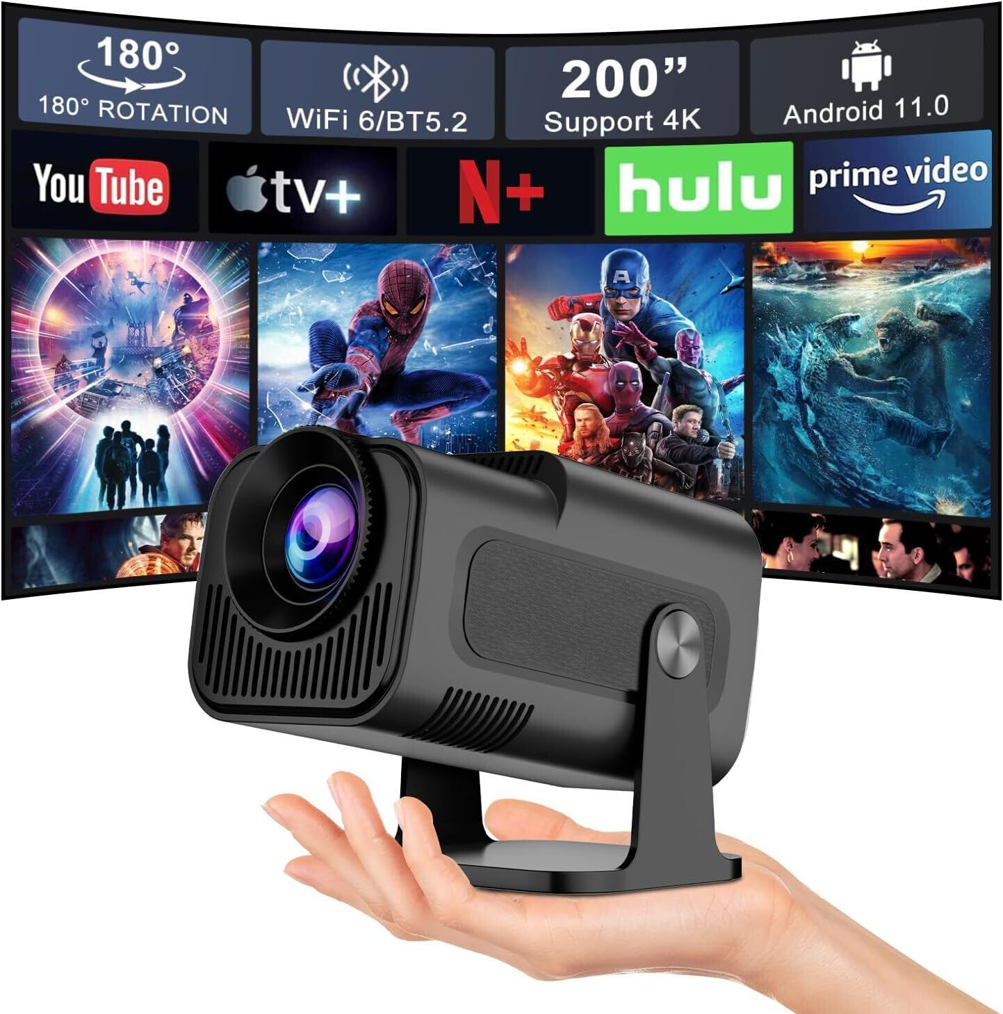 Prizmos HY320 Mini Projector 4K Support HD Android 11 WiFi 6 BT 5.0 Auto Keystone (5500 lm / Wireless) Portable Projector-image-44