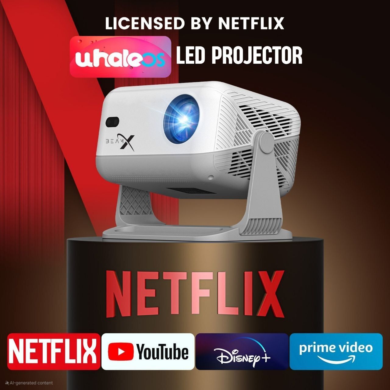 BeamX Shark Netflix Certified WhaleOS Build-In ChatGPT Android 13 4k HDR Dolby Support (16000 lm / 1 Speaker / Wireless / Remote Controller) Portable Projector-image-9