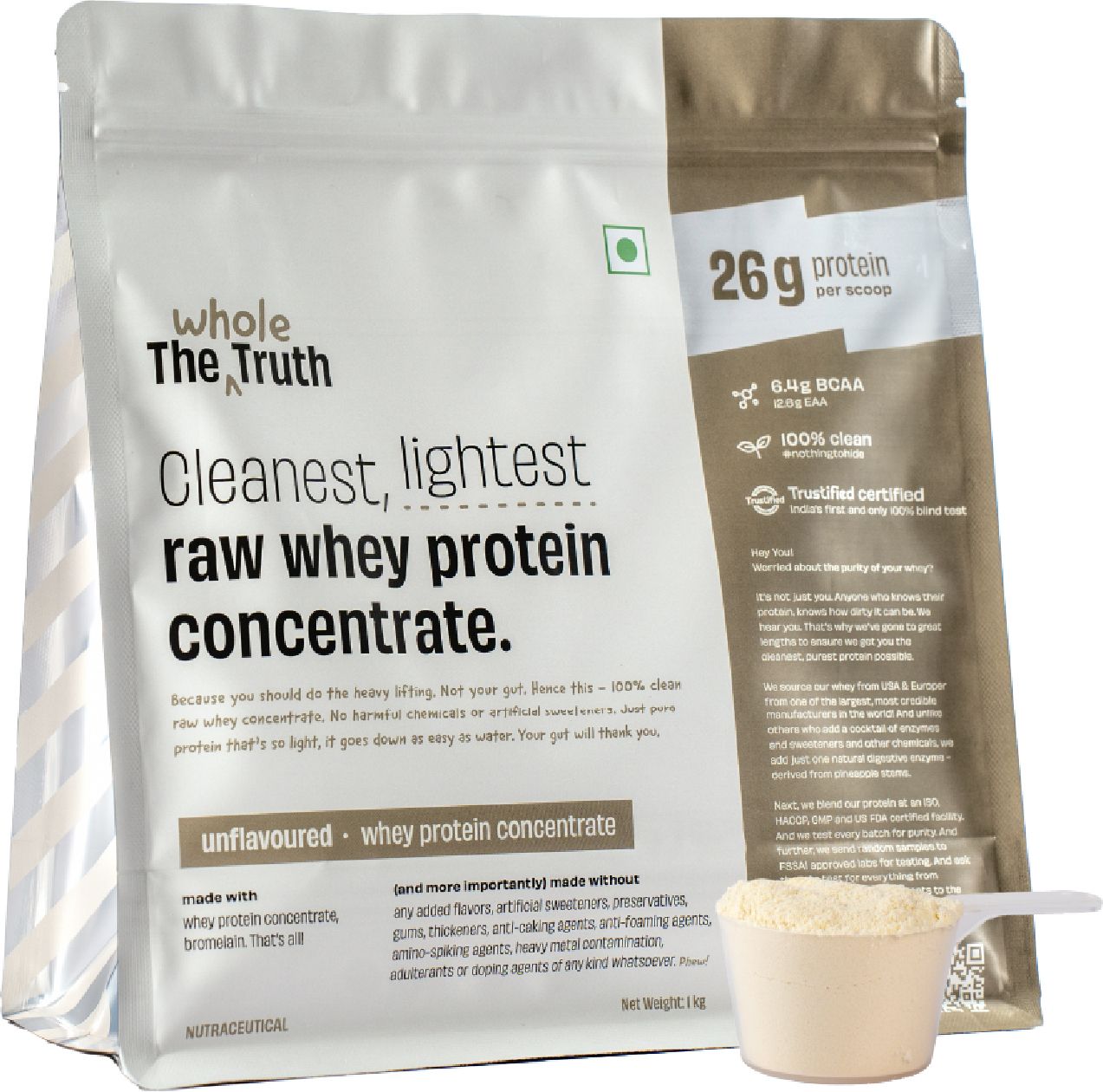 Whey Protein Unflavoured Concentrate|26g Protein/scoop|6.4g BCAA|100% Authentic Whey Protein