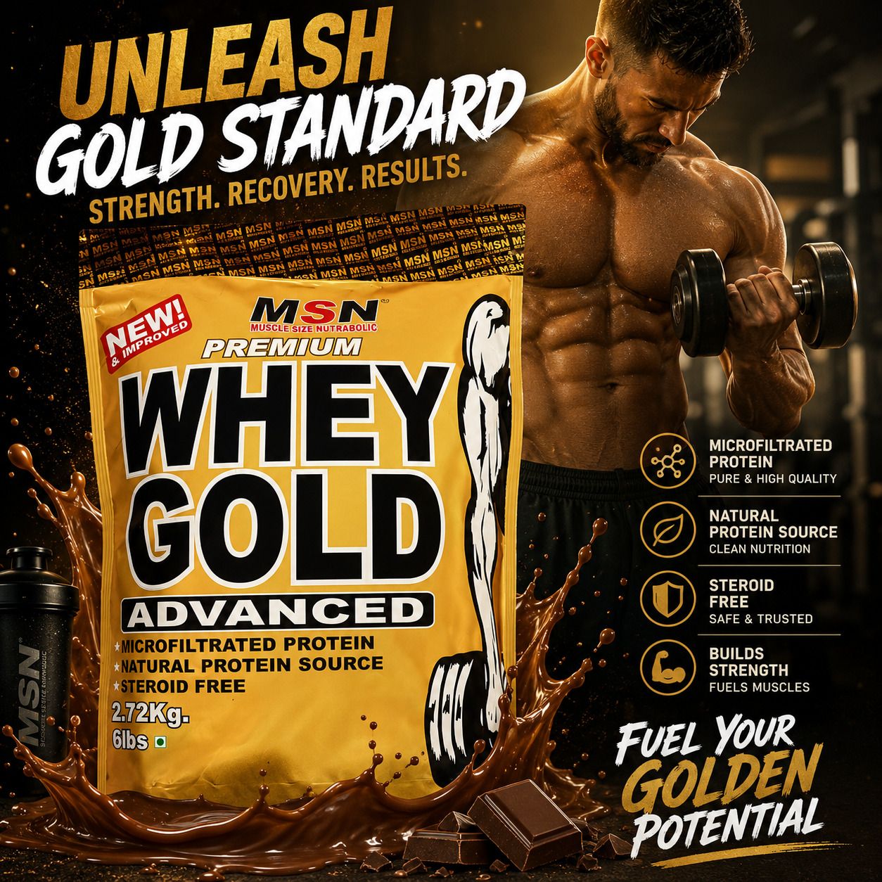 muscle size MSN Whey Protein Gold Advanced 2.72kg Lean Muscle Growth Protein Powder Weight Gainers/Mass Gainers-picture-22